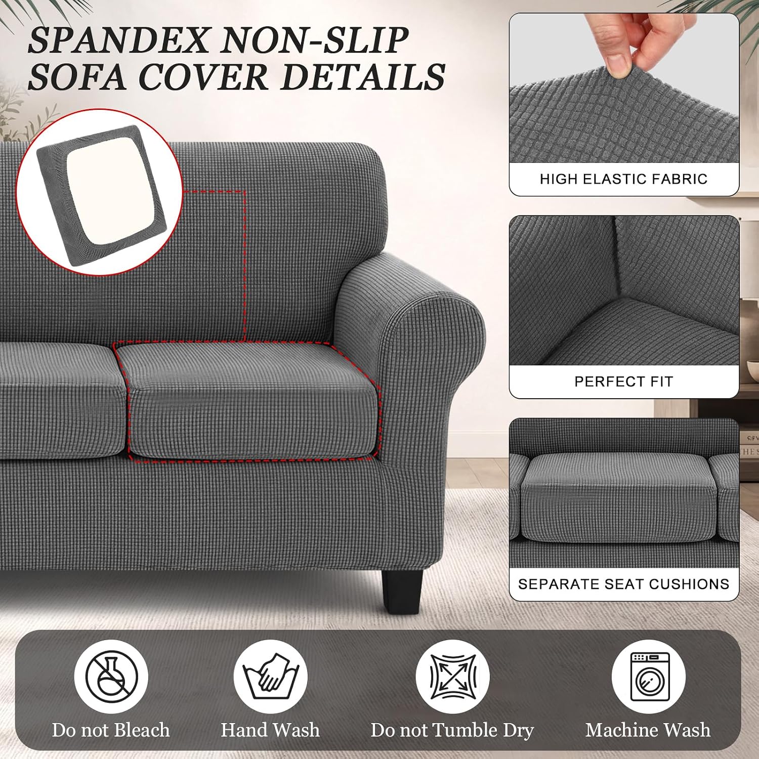 2 Set Stretch Sofa Slipcovers with 4 Piece Spandex Non Slip Sofa Cover & 3 Piece Sectional Couch Cover Separate Couch Cushion Covers with Elastic Bottom for Dogs & Pets(Light Gray)
