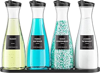 Galasily 4 Pack Laundry Detergent Dispenser Container with Tray, 54OZ Liquid Laundry Soap Dispenser with 12 Labels, Black Laundry Room Organization for Powder, and Fabric Softener