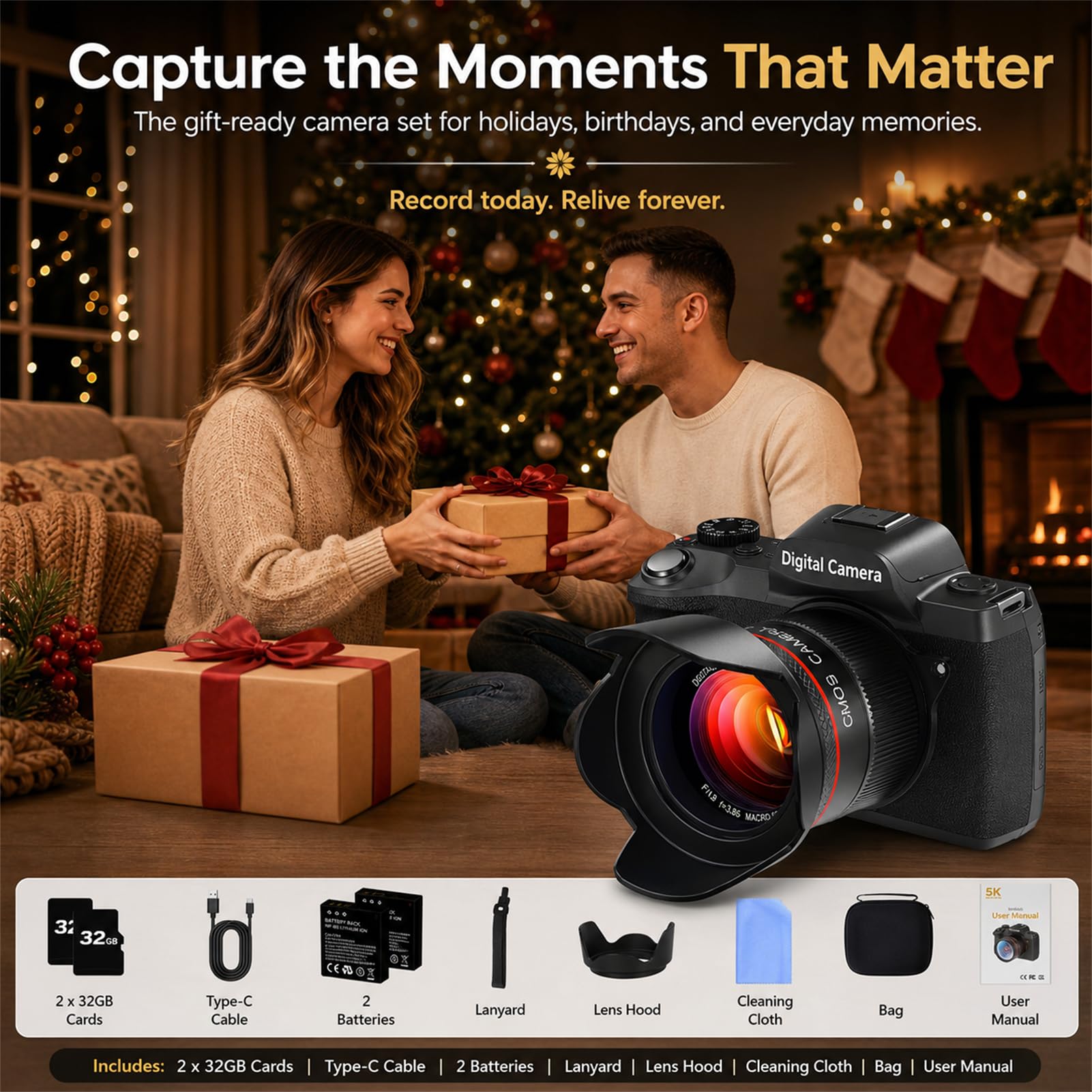 Cámara digital 5K para fotografía, cámara de vlogging de enfoque automático de 64 MP para video de YouTube con lente frontal y trasera, flash, cámara de viaje con pantalla táctil de 4 pulgadas