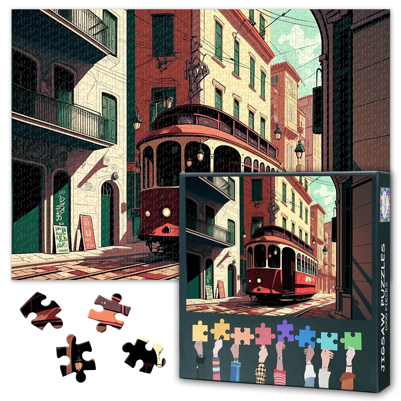 1000 Piece Jigsaw Puzzle for Adults Old Lisbon Portugal Street Scene Vintage Red Tram Travel Cityscape European Architecture Challenging Puzzle Game 27.5x19.7 Inch