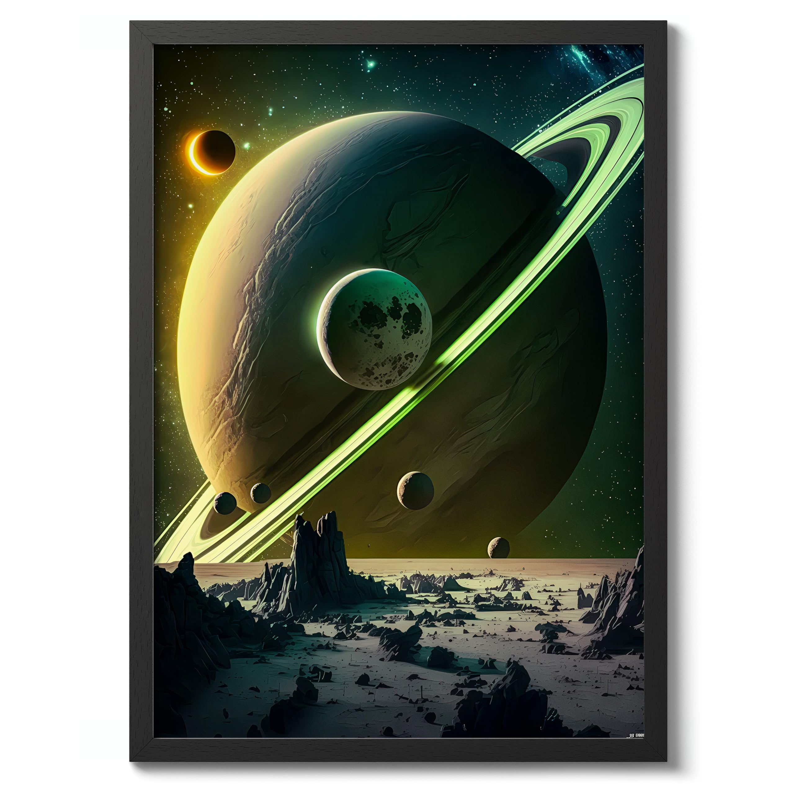 Sunrise On Saturn Space Poster, Colourful Abstract Astronomy Wall Art Home Decor, Astronaut Planets Print, Archival Matte, 50x70cm (Black Frame) - 50x70cm — image 1