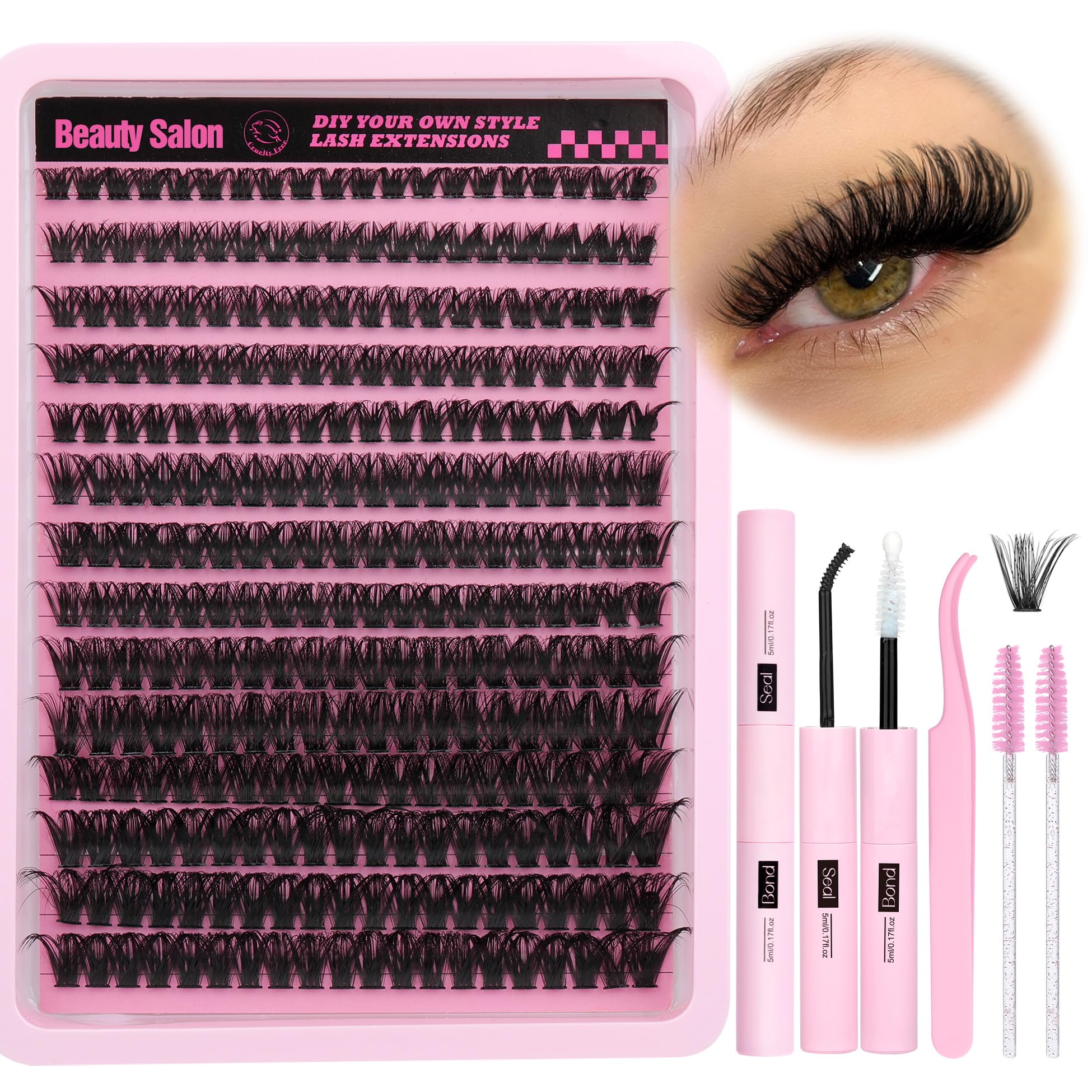 DIY Eyelash Extension Kit D Curl Fluffy Wispy Lash Clusters Individual Lashes Lash Extension Kit with Lash Bond and Seal Applicator Tool for Self Application at Home (80P-280Pcs-Mix10-16mm-0.07D)