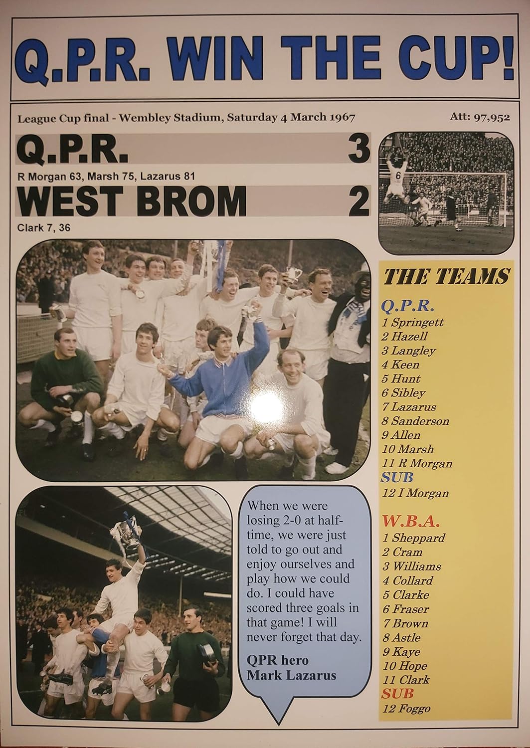 QPR 3 West Bromwich Albion 2 - 1967 League Cup final - souvenir print