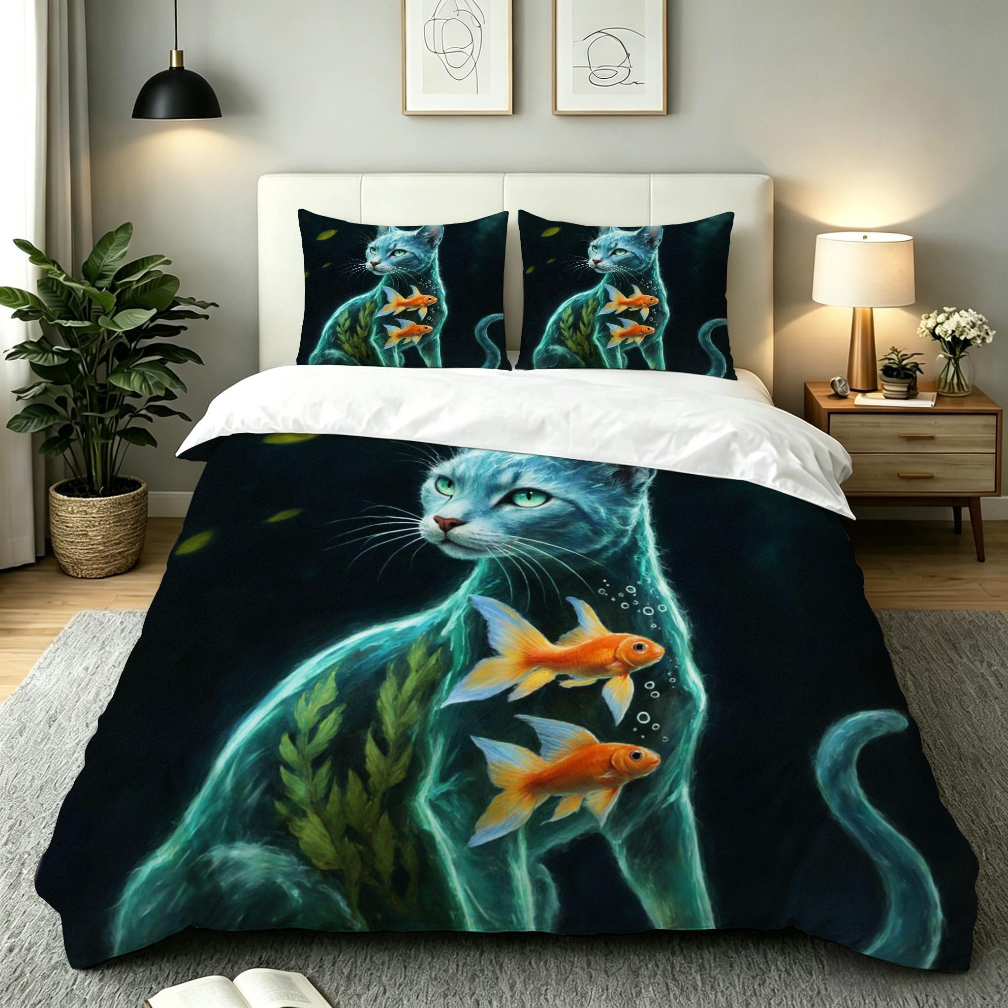 Housse de couette 160x200 chat vert en microfibre douce avec zip invisible