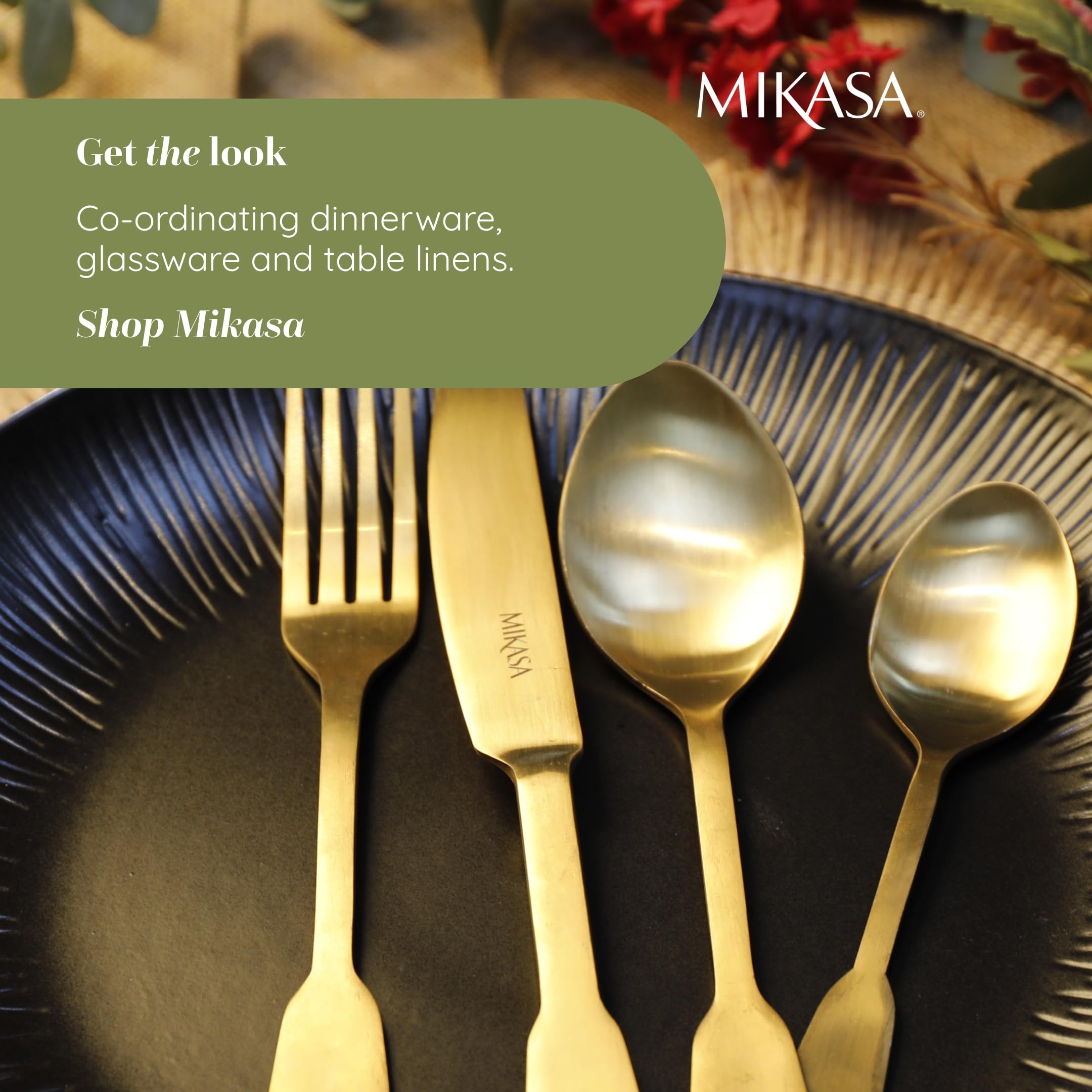 Mikasa Soho Gold 16pc Edelstahl Besteck Set, Gold Besteck Set für 4 | Enthält 4x Messer, 4x Gabeln, 4x Dessertlöffel und 4x Teelöffel - Spülmaschinenfest