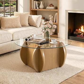 Round Glass Coffee Table, Modern Coffee Table with Glass Top and Wood Base, Minimalist Circle Coffee Table for Living Room, Small Round Coffee Table for Apartment, Office & Lounge, Natural