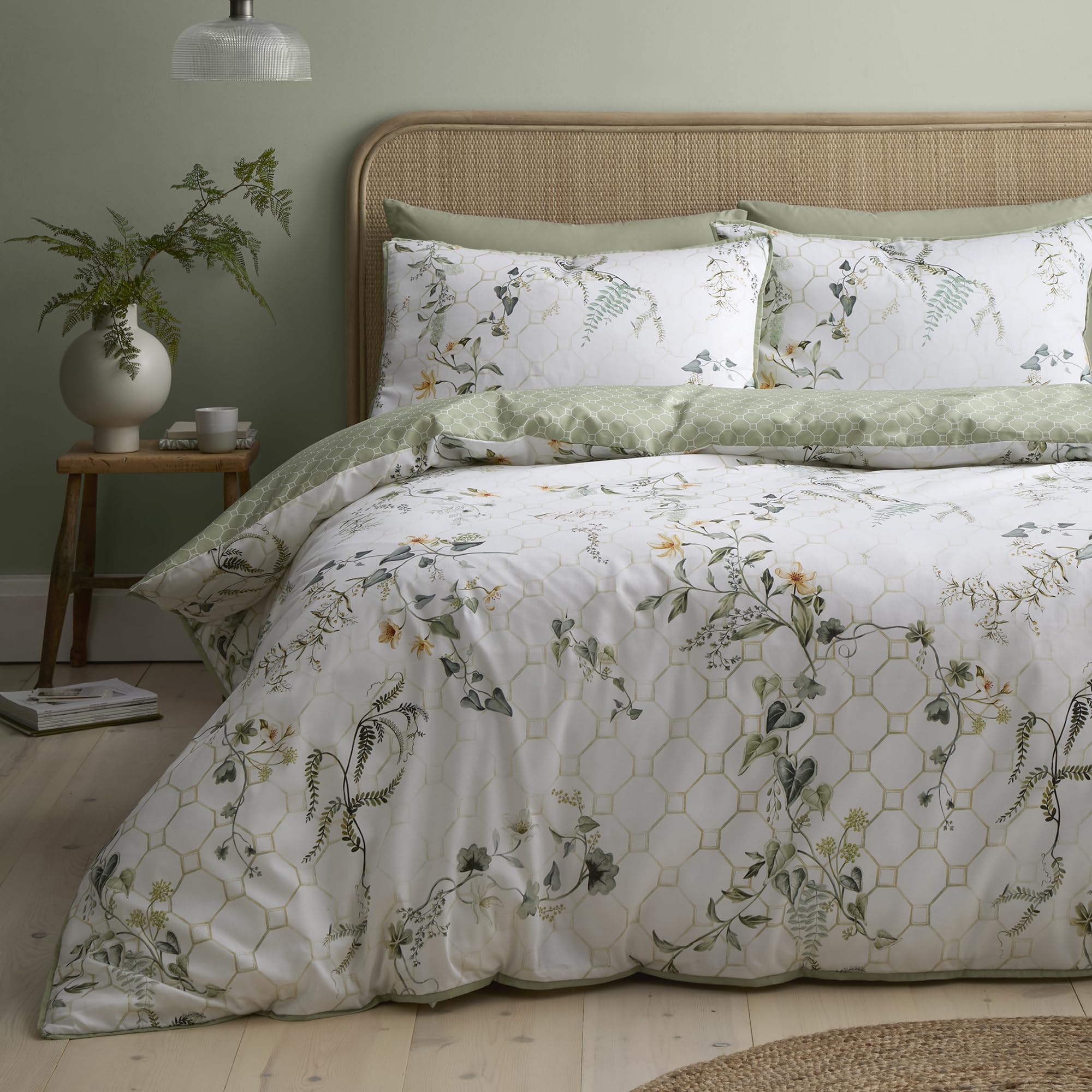 B&Q -  Floral Trellis 100% Cotton Sateen Green Duvet Cover Set