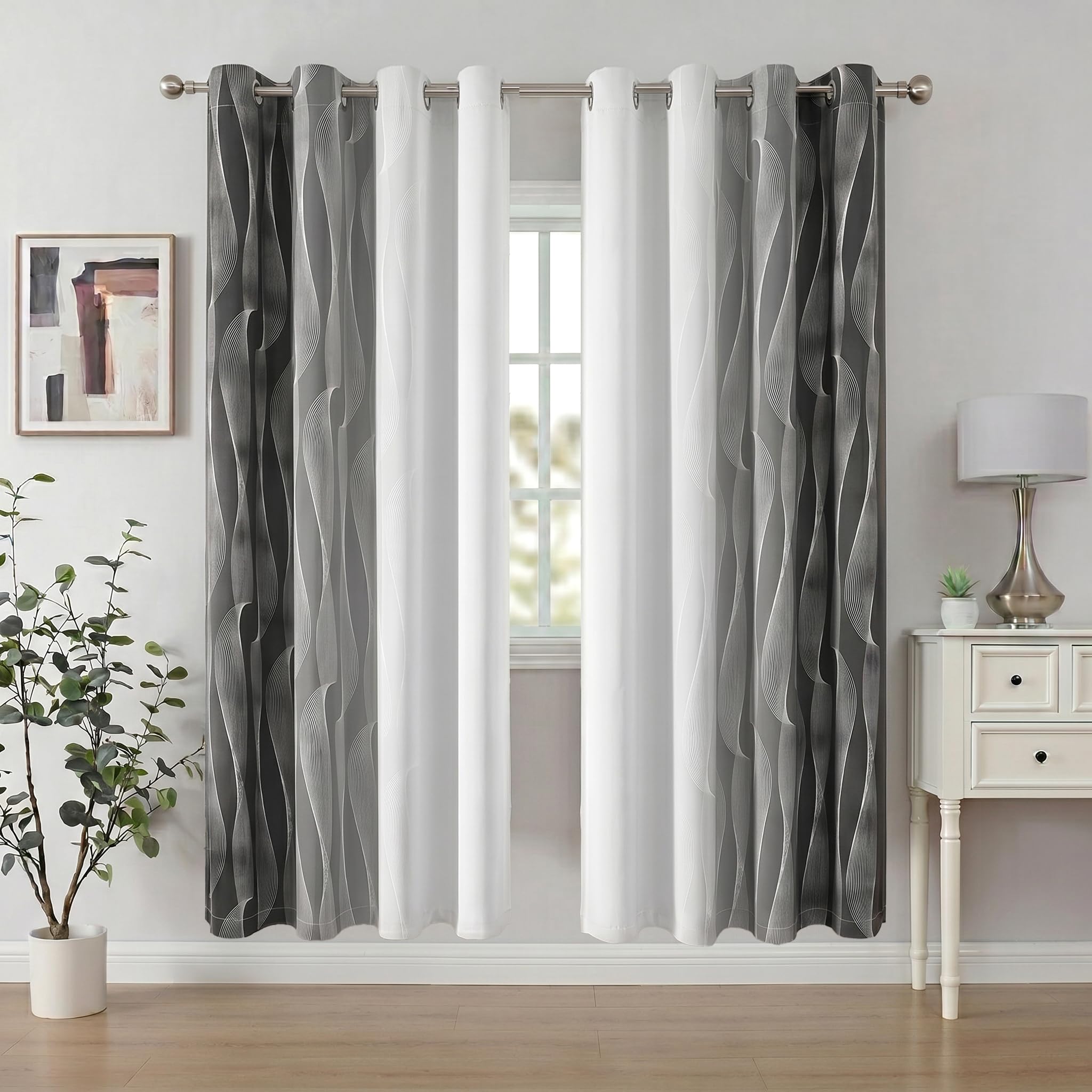 Gazal Vole Ombre Room Darkening Curtains – Modern Gradient Eyelet Drapes with Wave Line Pattern, 72 Inch Drop, 80-90% Darken Light for Living Room & Office (Dark Grey+White)-W 52 x L 72 inch