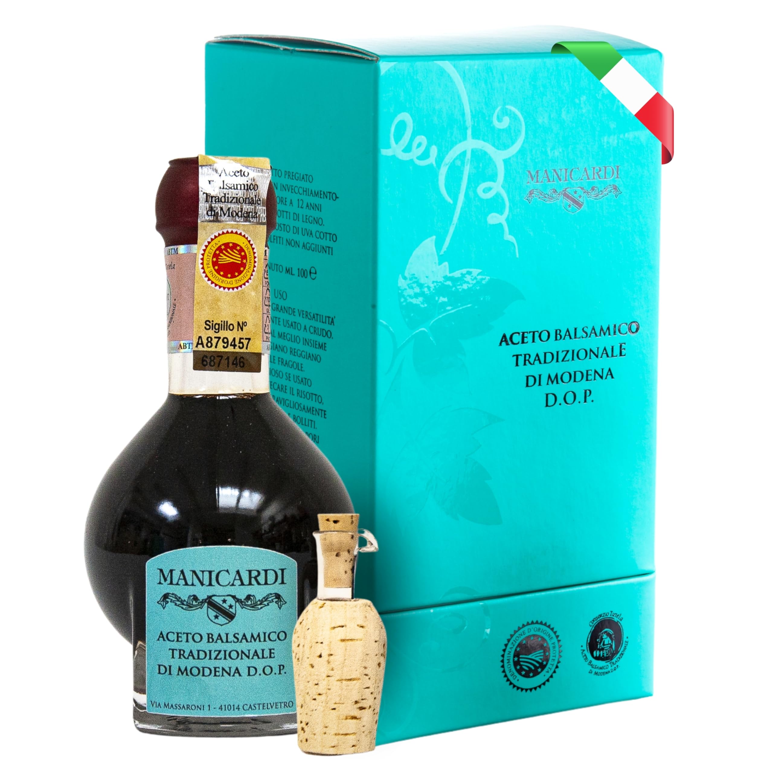 MANICARDI Vinagre Balsámico Tradicional de Módena DOP Afinado - Envejecido 12 Años - Perfecto para snacks, pasta, verduras, aliños para ensalada y carne - Producto en Italia, 100 ml