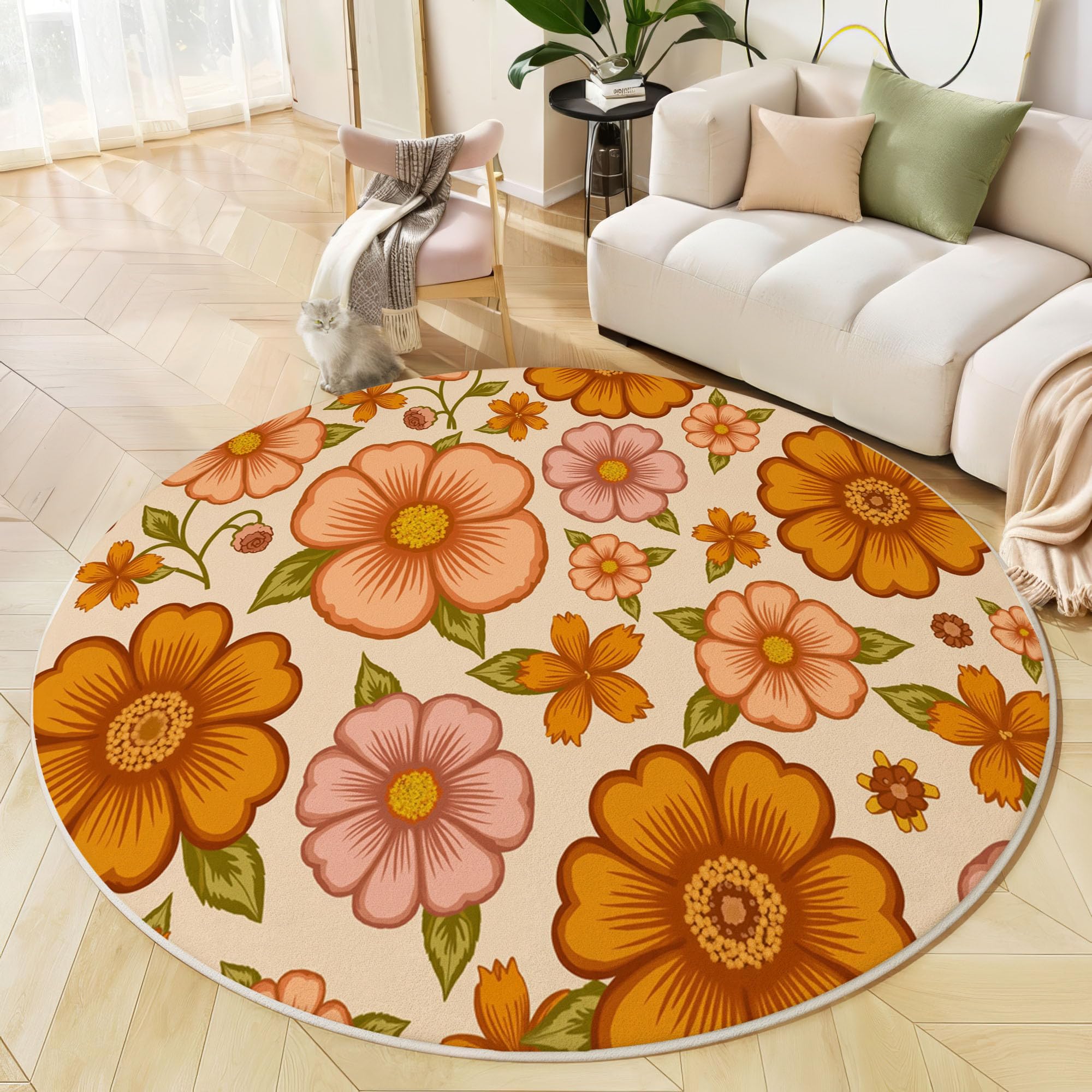 Moquette salon corail orange tapis rond lavable chambre 120cm