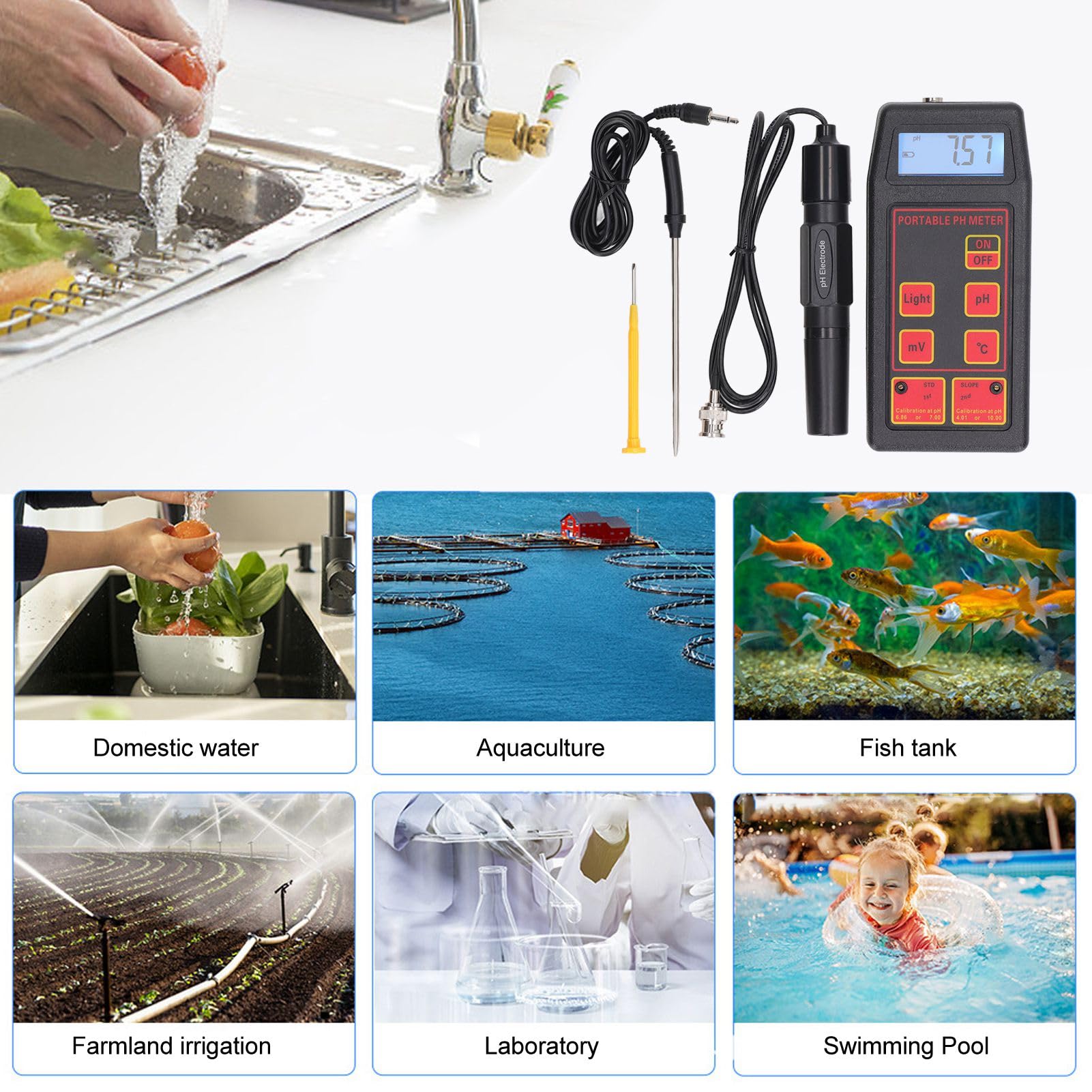 Medidor de PH de Agua ABS, Tester de Calidad de Agua con 4
