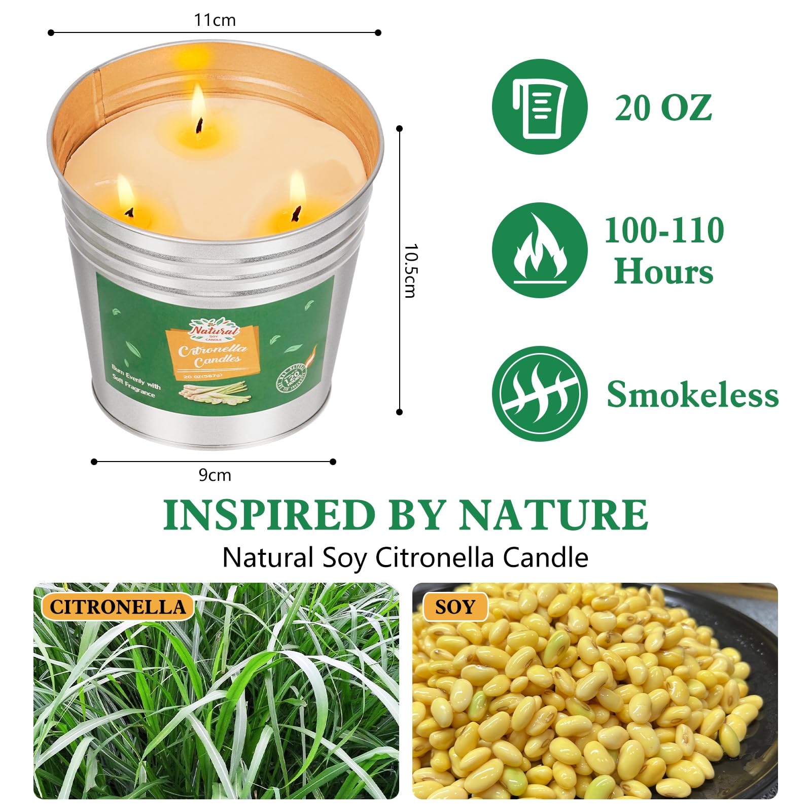 Candela alla citronella per esterni, grande, 2 candele al limone, con estintore, cera di soia naturale, per giardino, campeggio, barbecue, vacanze, regalo estivo, durata 200-220H