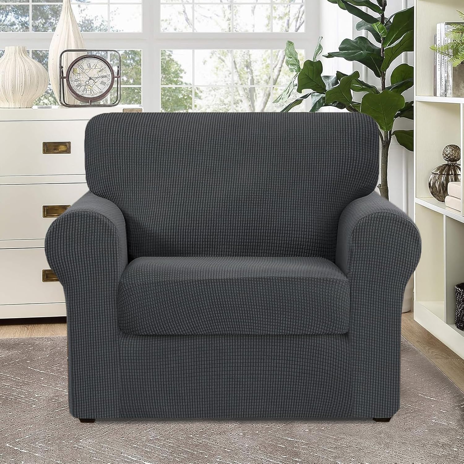 UNBBRRL Couch Cover Separate Pieces, Sofa Slipcovers for Separate Cushions Couch, Multi Pieces Couch Covers, Non-Slip Jacquard Sofa Cover Set with Strings (Dark Grey,Armchair 3 Pcs)