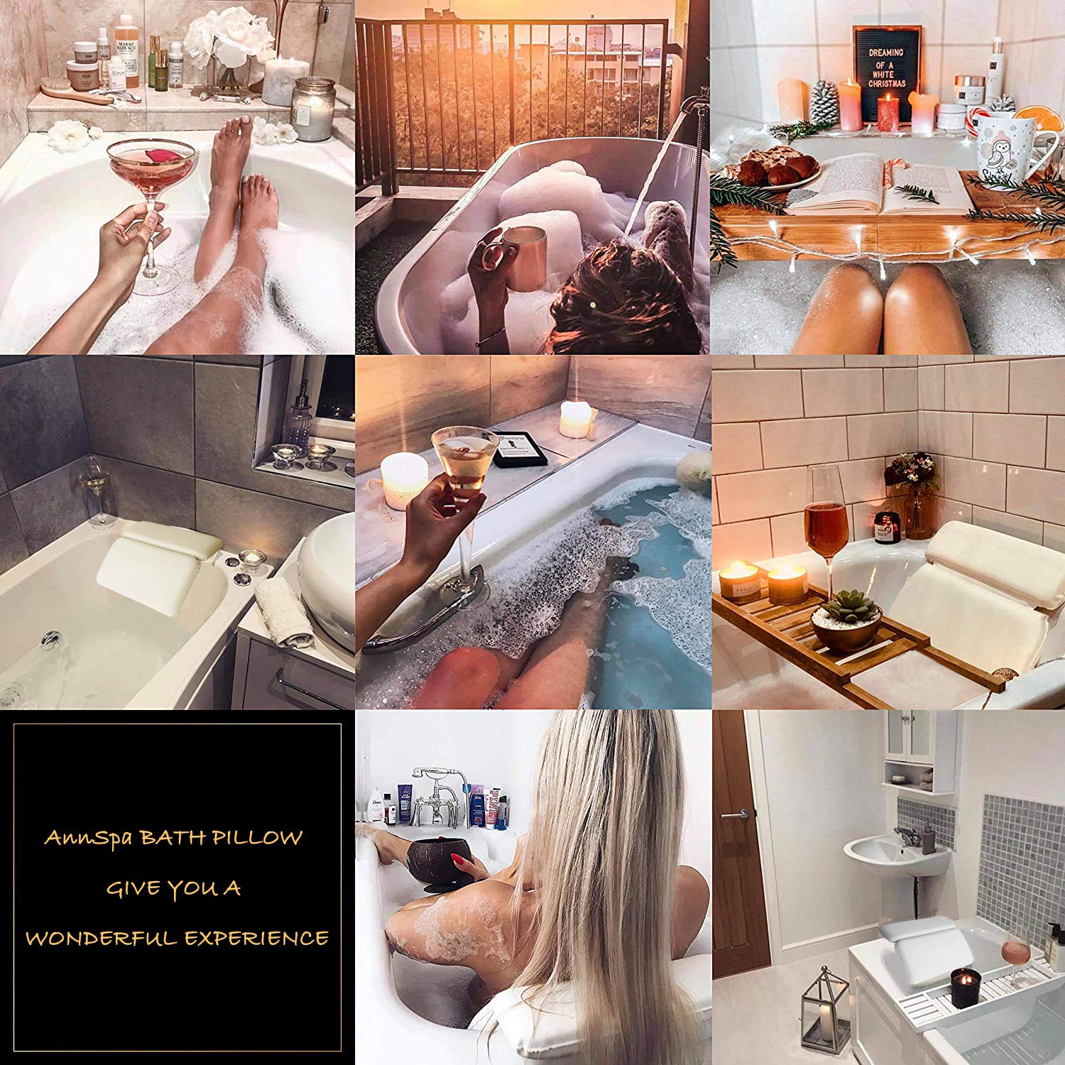 Almohada de Baño, Almohadas para bañera con 7 Ventosas Antideslizantes, Diseño de 2 Paneles para Cabeza, Cuello y Espalda, Ideal para Jacuzzi SPA e Hidromasajes (14.5" x 11")