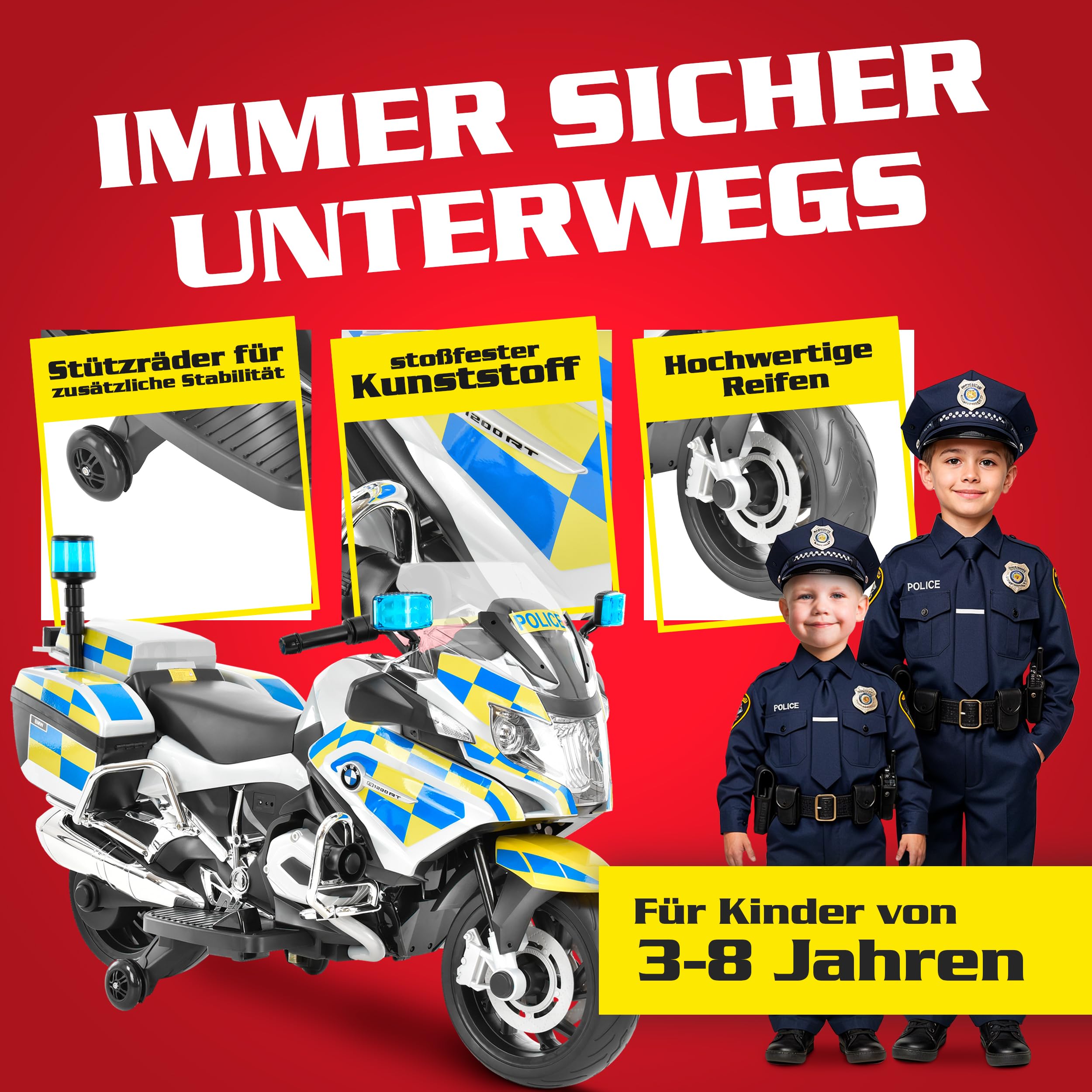 HECHT Polizei Elektro Motorrad BMW Design ab 3 Jahre | 35 W Motor, 3-6 km/h, Blaulicht, Sirene, Radio, Stützräder, 2 Seitenkoffer, Spielzeug bis 30 kg