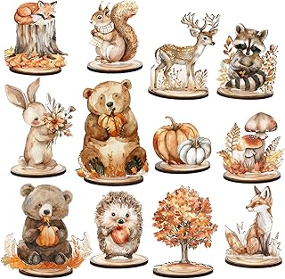 12Pcs Fall Woodland Animal Wood Table Sign Cute Autumn Forest Animal Wooden Cutouts with Base Tiered Tray Decor for Farmhouse Thanksgiving Birthday Home School Office