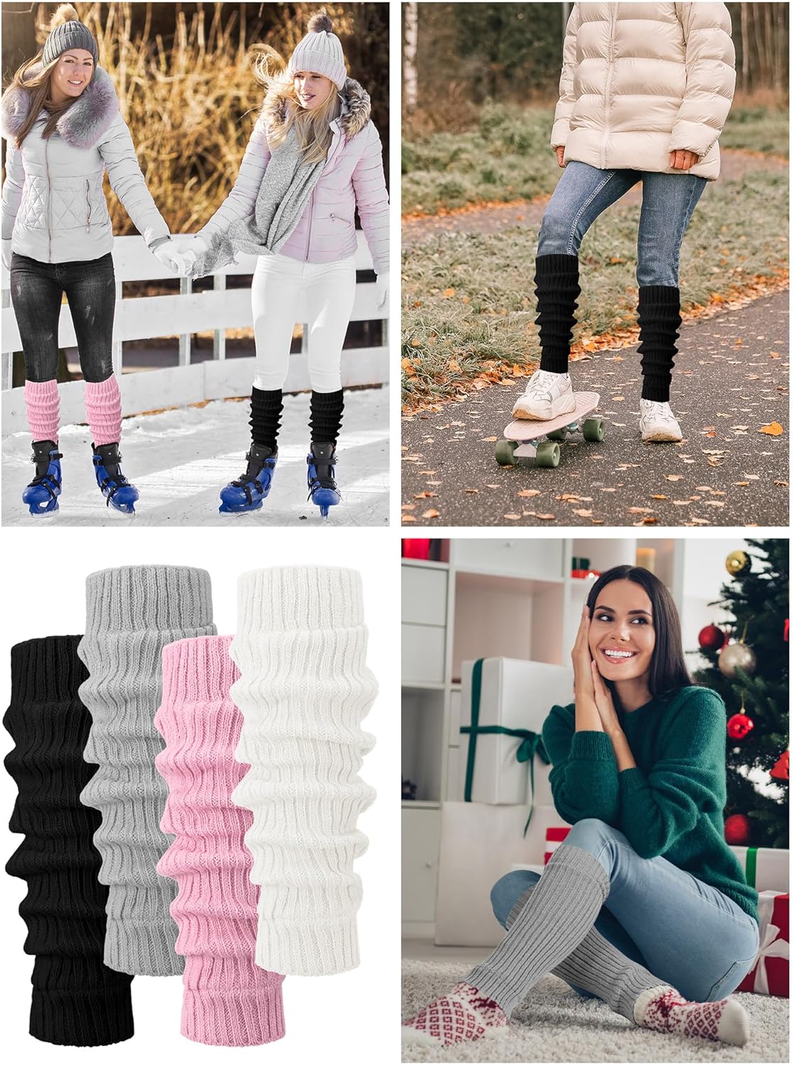 Shihanee 4 Pairs Fleece Leg Warmers for Women Thermal Elastic Skating Leg Warmer Solid Color Long Boot Socks for Daily Wear - Image 6