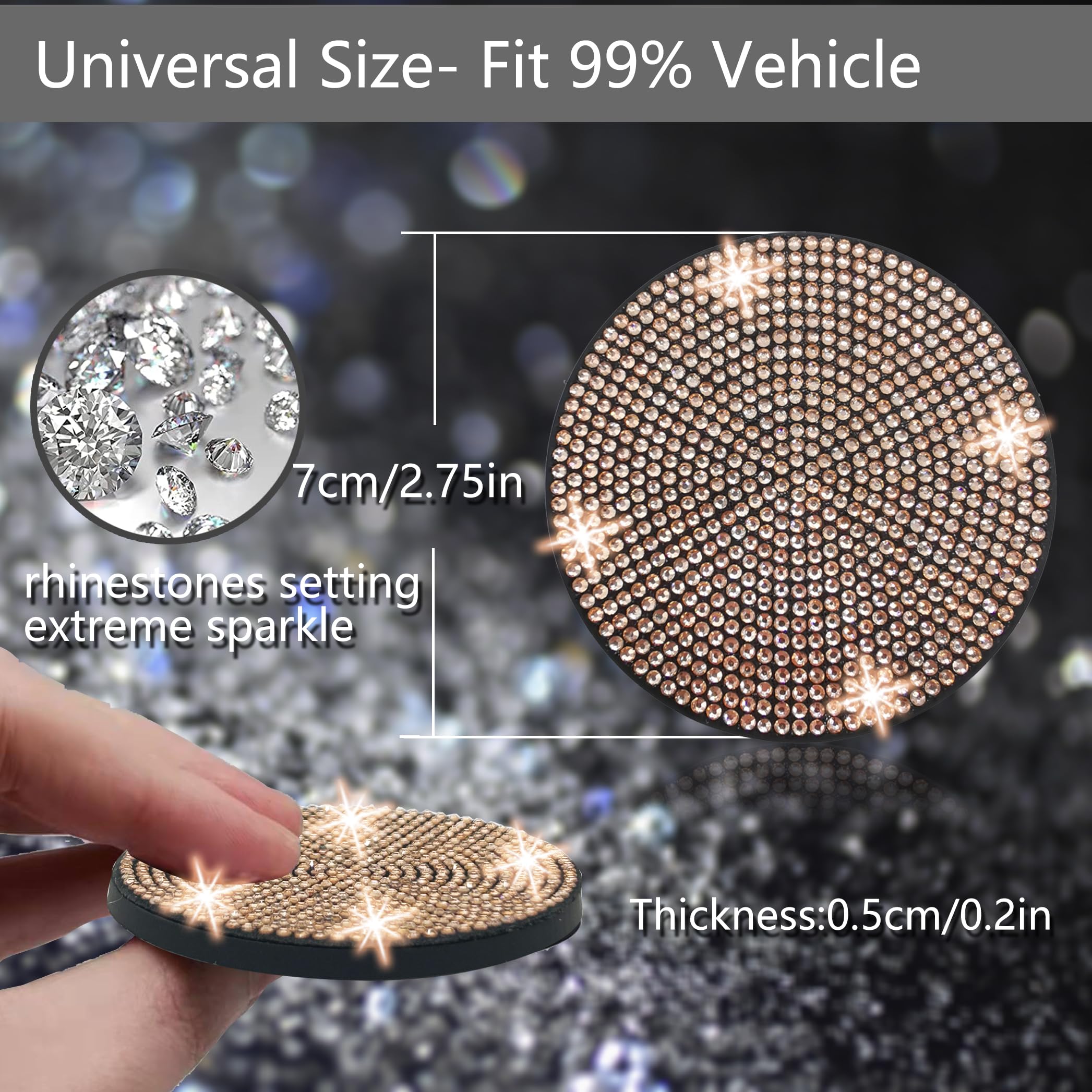 NBTEPEM 2pcs Bling Car Cup Holder Coaster, 2.75 inch Anti-Slip Shockproof Universal Fashion Car Coasters Insert Bling Crystal Rhinestone Automotive Interior Accessories for Women (2 pcs, Champagne)