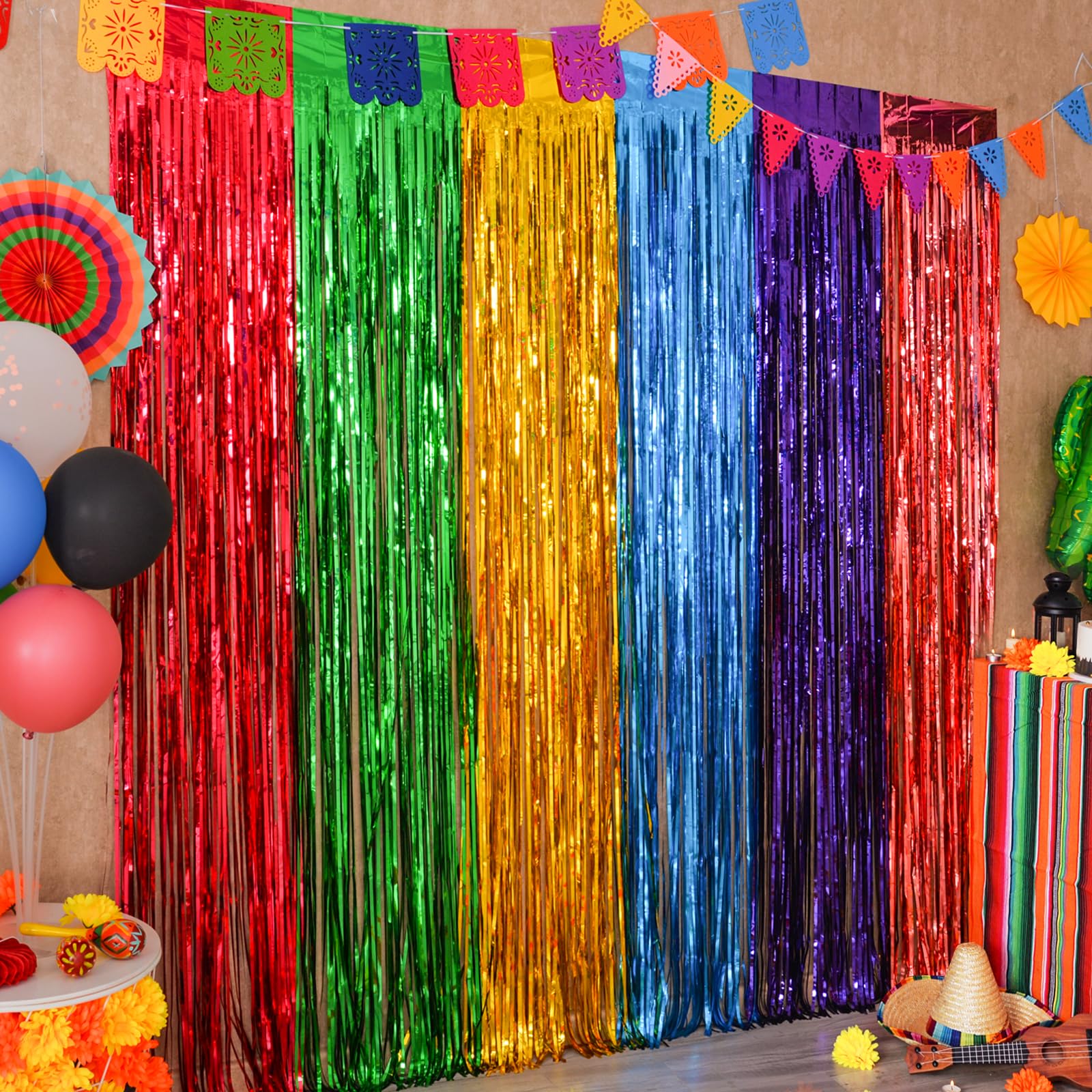 Mega-L Fiesta Party Decorations Foil Curtain Backdrop 4 Pack Mexican Party 3.3x6.6ft Tinsel Streamers Photo Booth Props for Cinco de Mayo Dia De Los Muertos Decor Day of The Dead Decorations Supplies