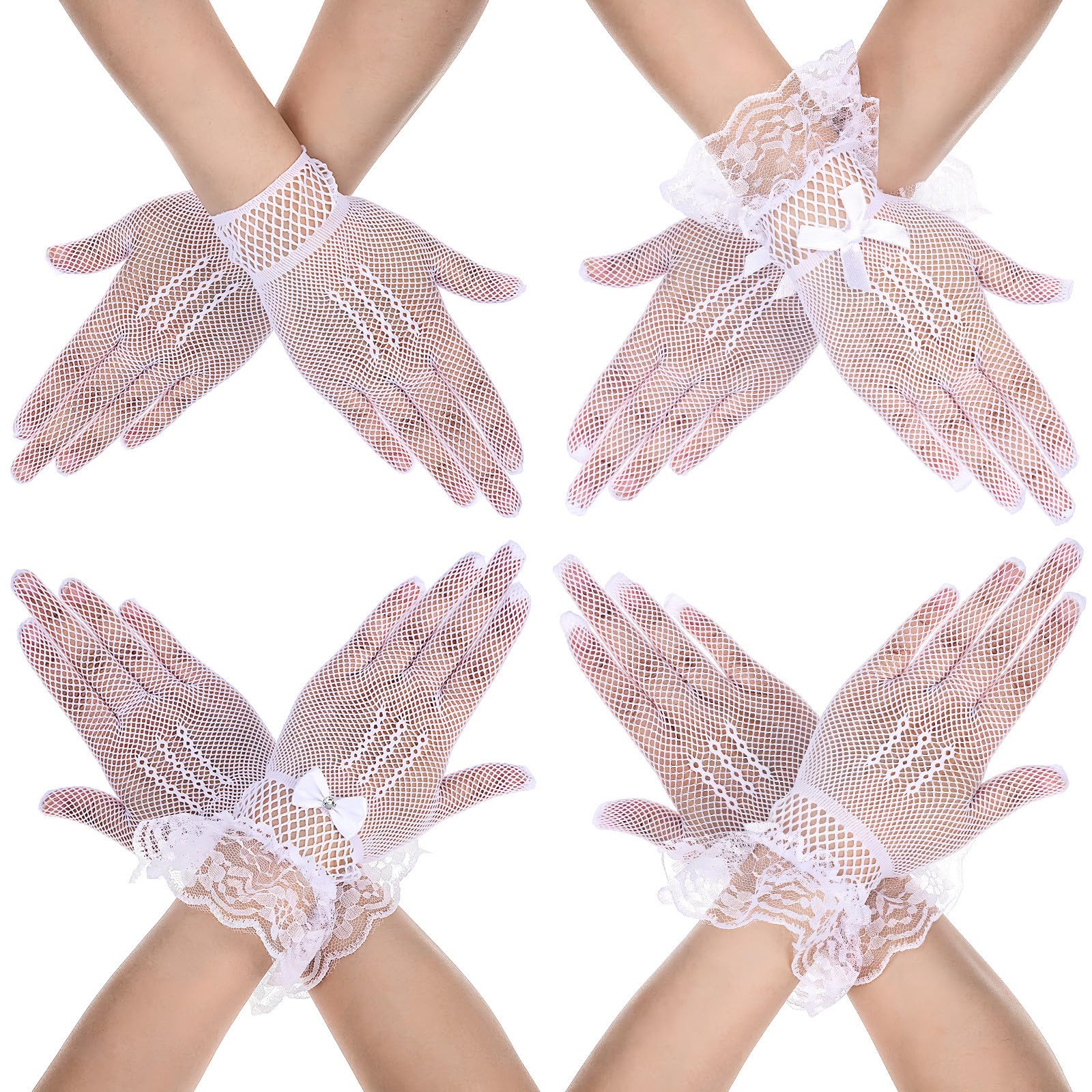 POPETPOP 12 Pares de Guantes de Novia de Malla Blancos de Poliéster, Transpirables y Cómodos, Ideales para Boda y Fiesta de Té con Detalles de Pedrería y Lazos