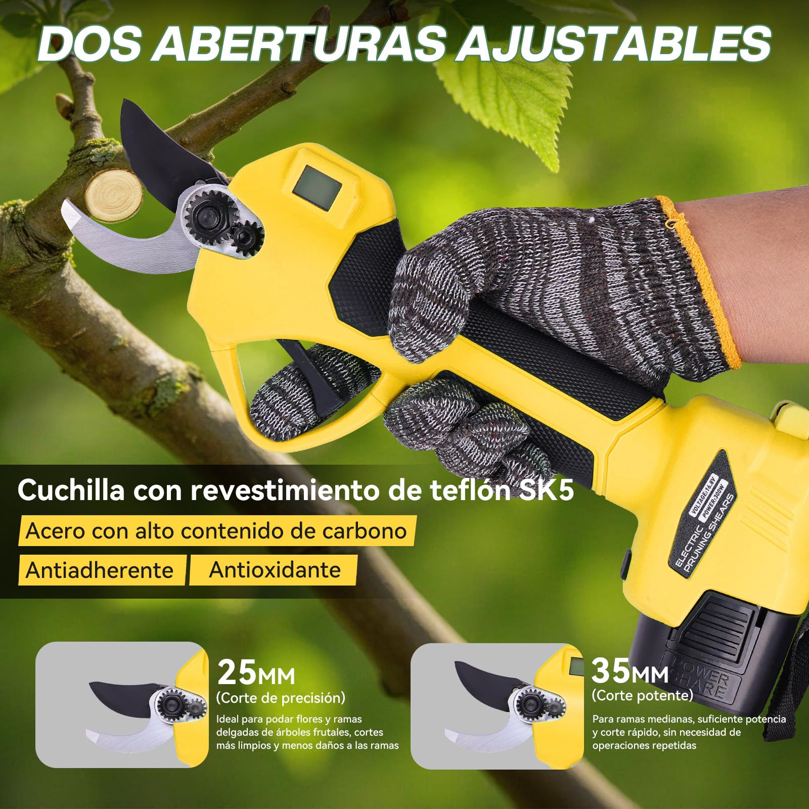 Tijeras de Podar Eléctricas 35mm Profesionales Tijeras de Podar con Baterías 21V 2x 2000Amh Ultraligera SK5 LCD Motor para Viñedos, Olivos, Árboles Frutales Amarillo