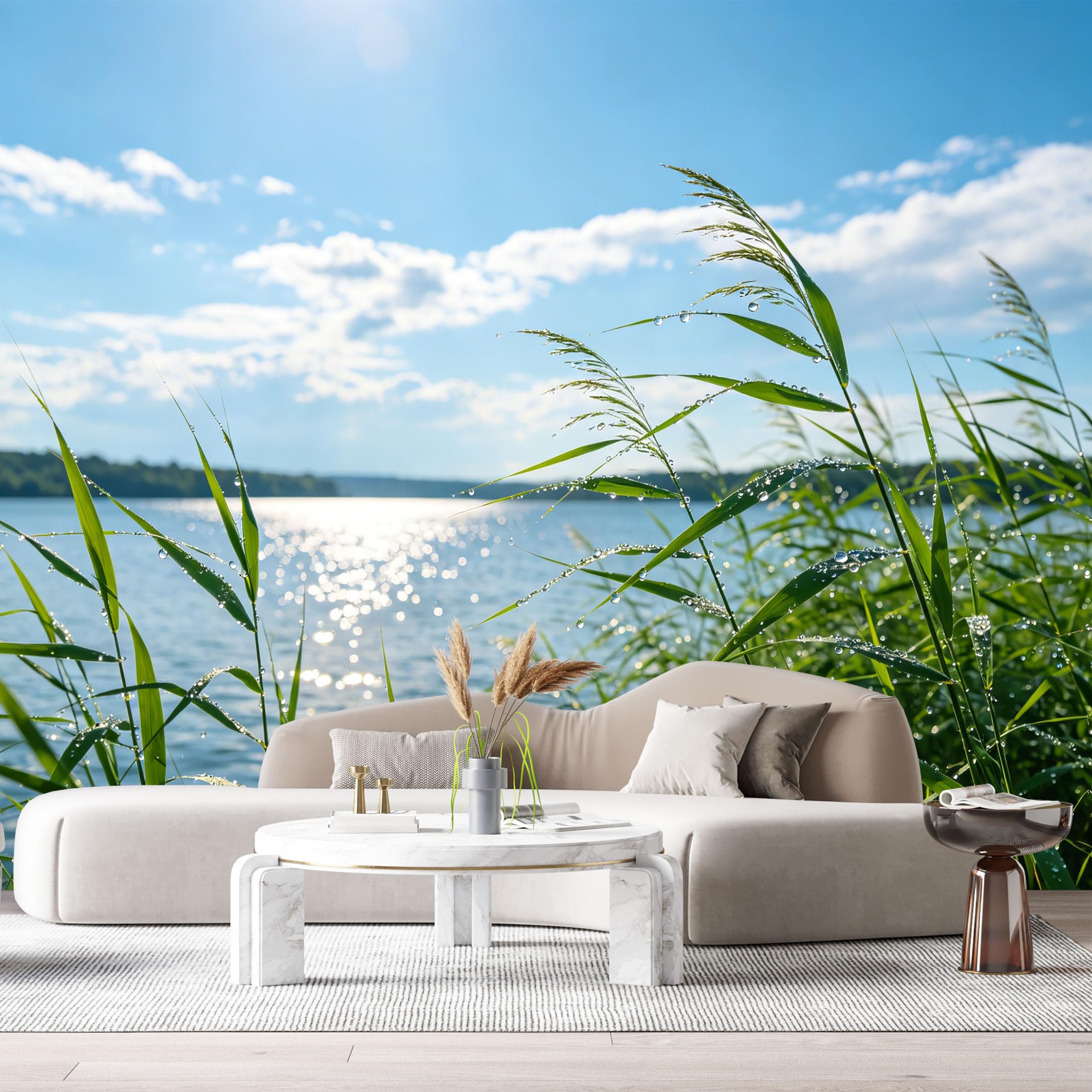 Custom Size Wall Murals Lake Landscape Water Surface Blue Sky Botanicals Morning Dew SelfAdhesive Wall Fabric Removable Large Wallpaper for Photo Living Room