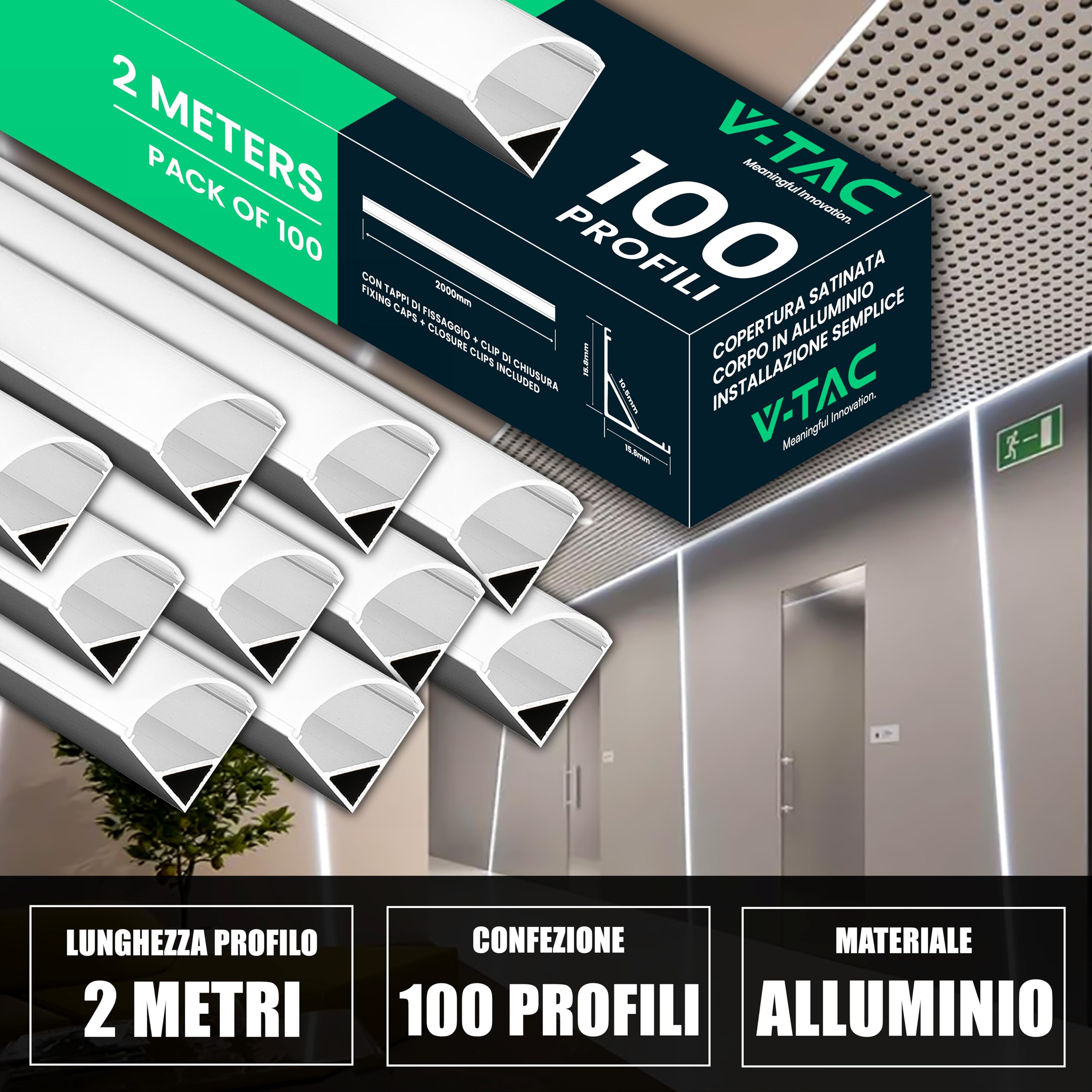 V-TAC 100 Profili Angolari da 2 METRI per Strisce Led - (200 Metri Totali) - Profili per Strisce LED in Alluminio con Copertura Opaca - Colore Argento - Angoli 21,3 x 15,8mm