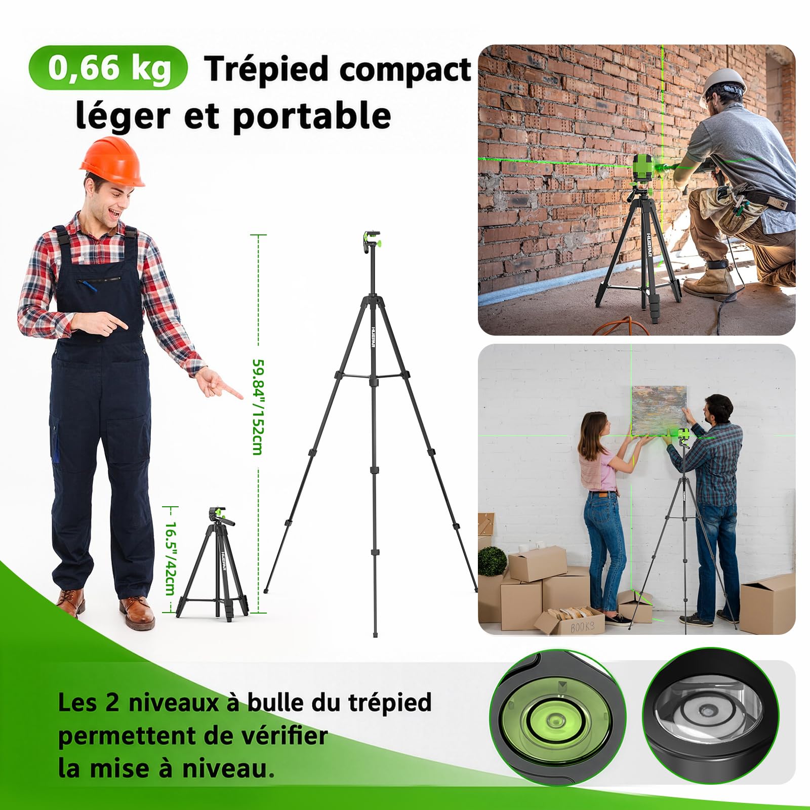 Niveau Laser Auto-nivelant avec 152cm Trépied, Huepar 30M Vert Croisée Laser à Ligne pour Accrochage de Tableaux, Rénovation de Maison, Projet d'Intérieur, Batterie et Sac de Transport
