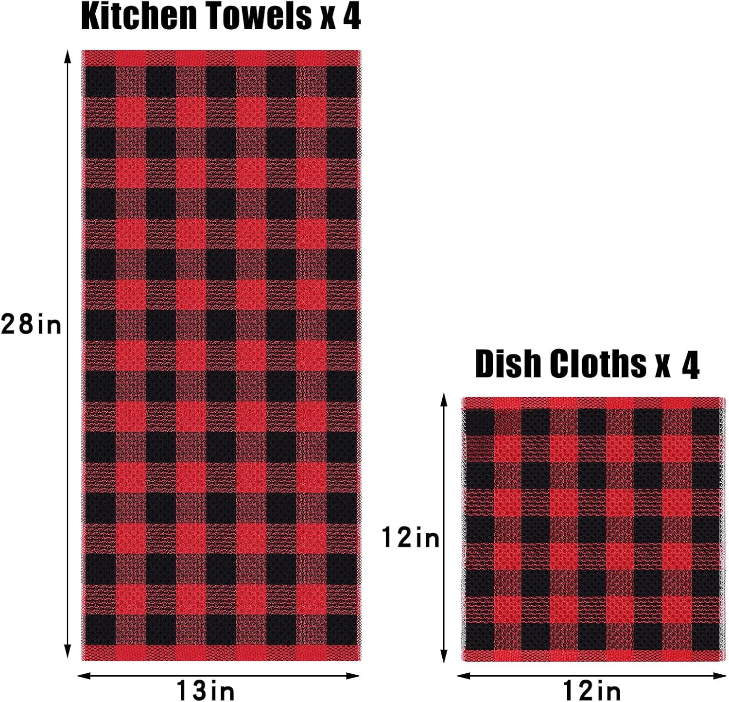 homing Buffalo Plaid Kitchen Towels and Dishcloths Set, 12" x 12" and 13" x 28", Set of 8 Bulk Cotton Waffle Weave Dish Towels, Super Soft Absorbent Hand Towels for Kitchen, Red & Black - Image 5