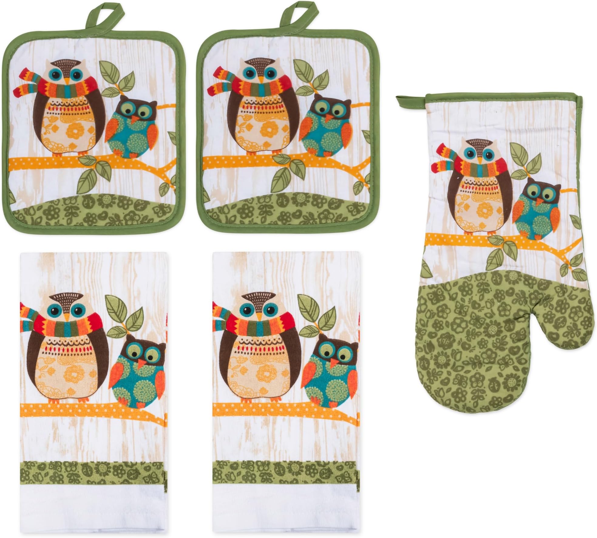 5 Piece Owls Printed Kitchen Linen Set By PREMIUS, 2 Cotton Towels, 2 Potholders, 1 Oven Mitt with Hanging Loop, 100% Cotton Material on Front & Polyester Backing, Perfect Kitchen Accessory, Gift