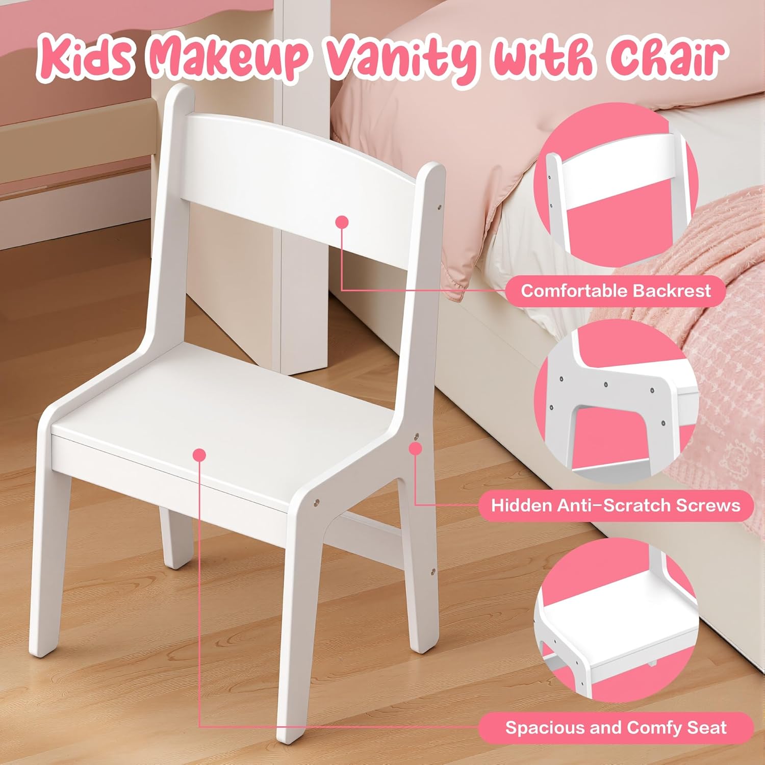 Kids Vanity with Lights and Chair Set, Princess Vanity Table for Girls, Toddler Makeup Vanity with LED Mirror and Open Storage Shelves, White Pink Furniture for Bedroom Playroom