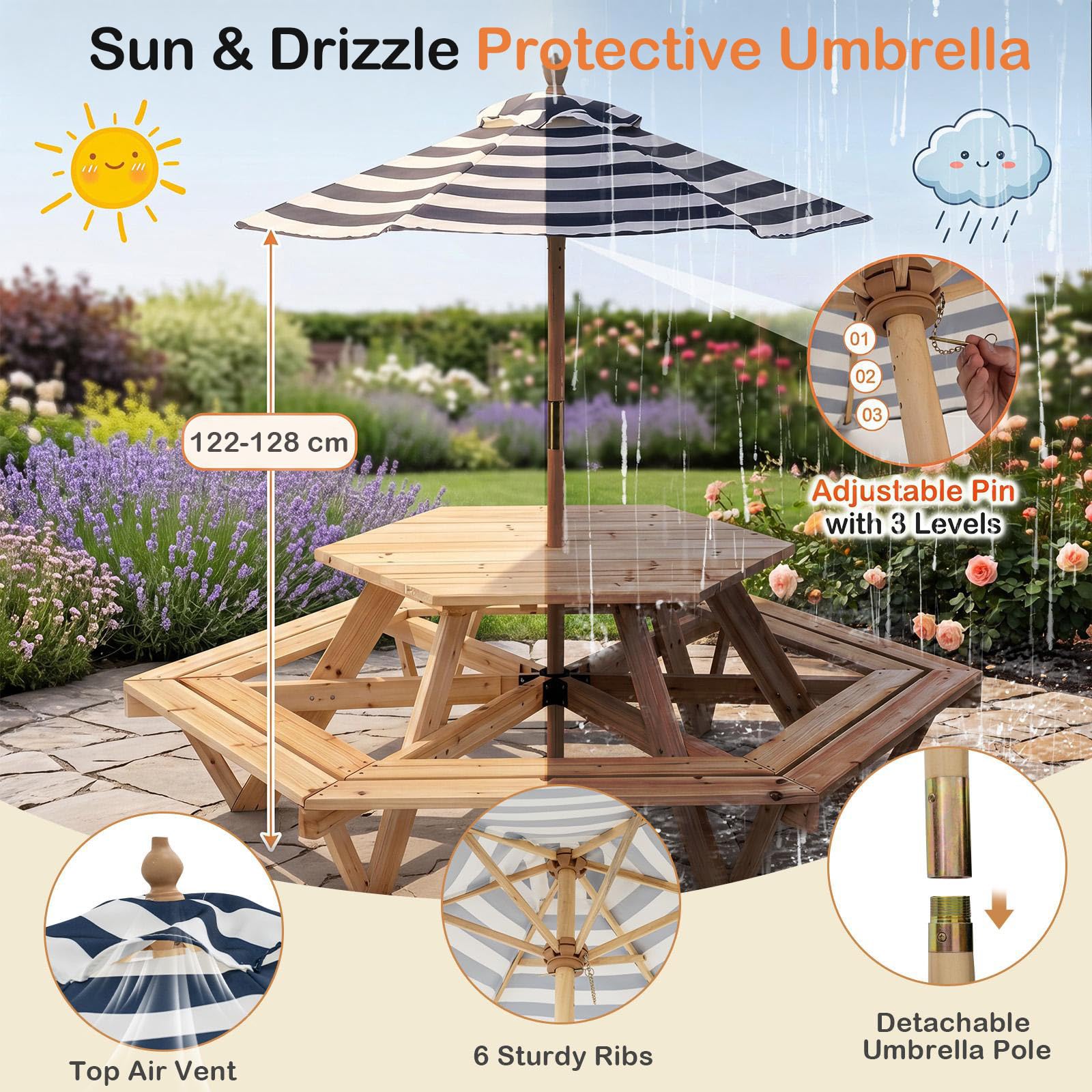 LIFEZEAL Tavolo da Picnic in Legno Massello per Bambini 3-8 Anni | Tavolino Esagonale con 6 Panche Integrate e Ombrellone Rimovibile e Regolabile, Tavolo da Campeggio per Esterno e Interno