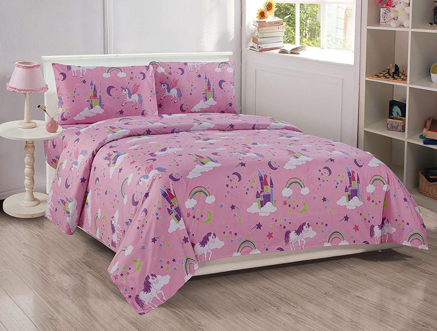 Loussiesd Set di biancheria da letto con motivo a unicorno, per bambini e bambini, set di lenzuola colorate a righe arcobaleno, 3 pezzi con 2 federe per letto matrimoniale