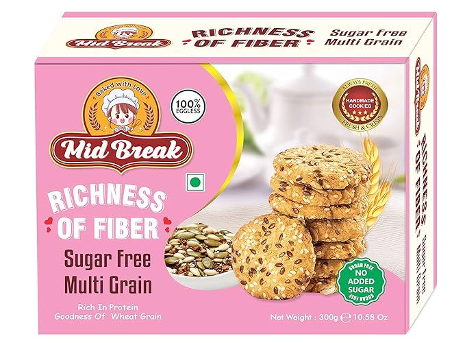 MidBreak - Sugar Free Multigrain Cookies | Multigrain Biscuits | Sugar Free Multigrain Biscuits | Premium Handmade Cookies | 300 Gm | Pack of 1