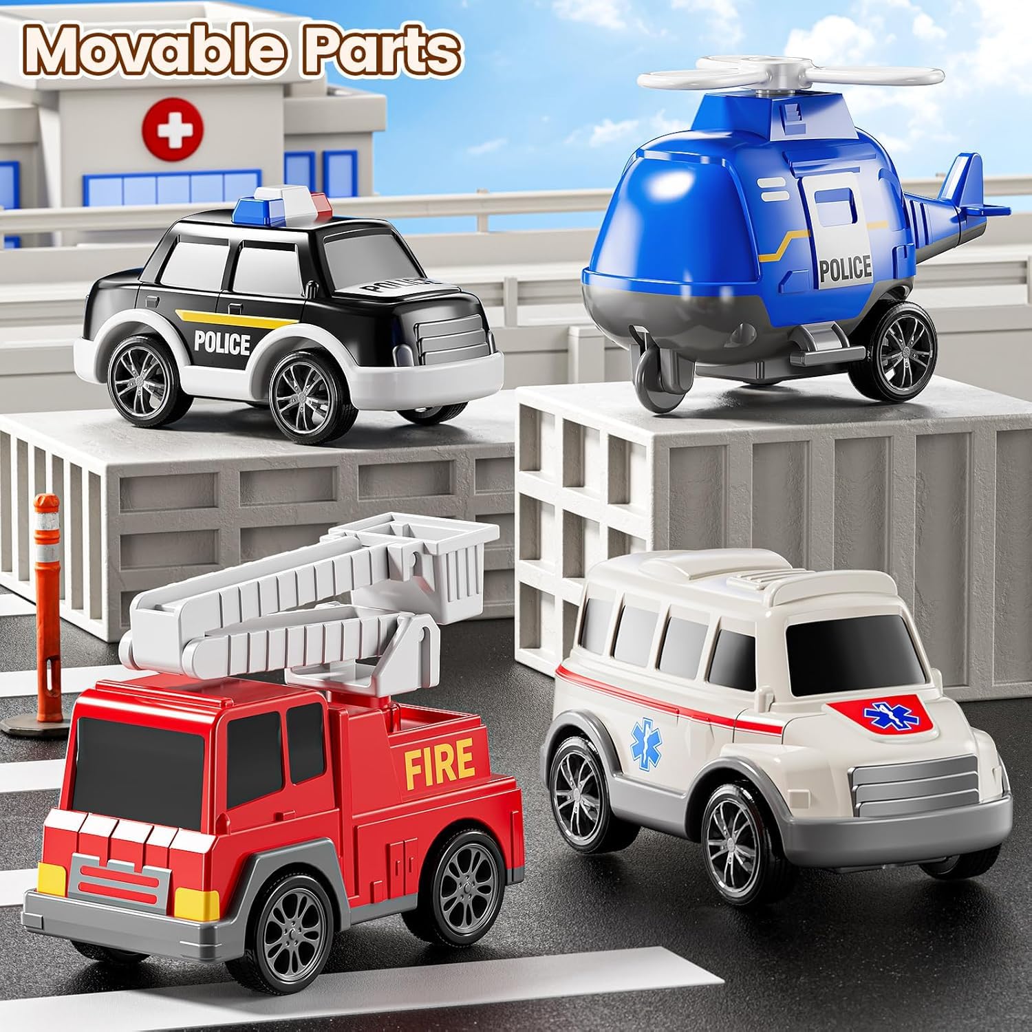 MiniExplorer 5 in 1 Ambulance Vehicle Toddler Truck Toys,Friction Powered Cars with Toy Helicopter,Police Car,Fire Truck,Ambulance Car,Birthday Gifts for Girls Age 3-9 2