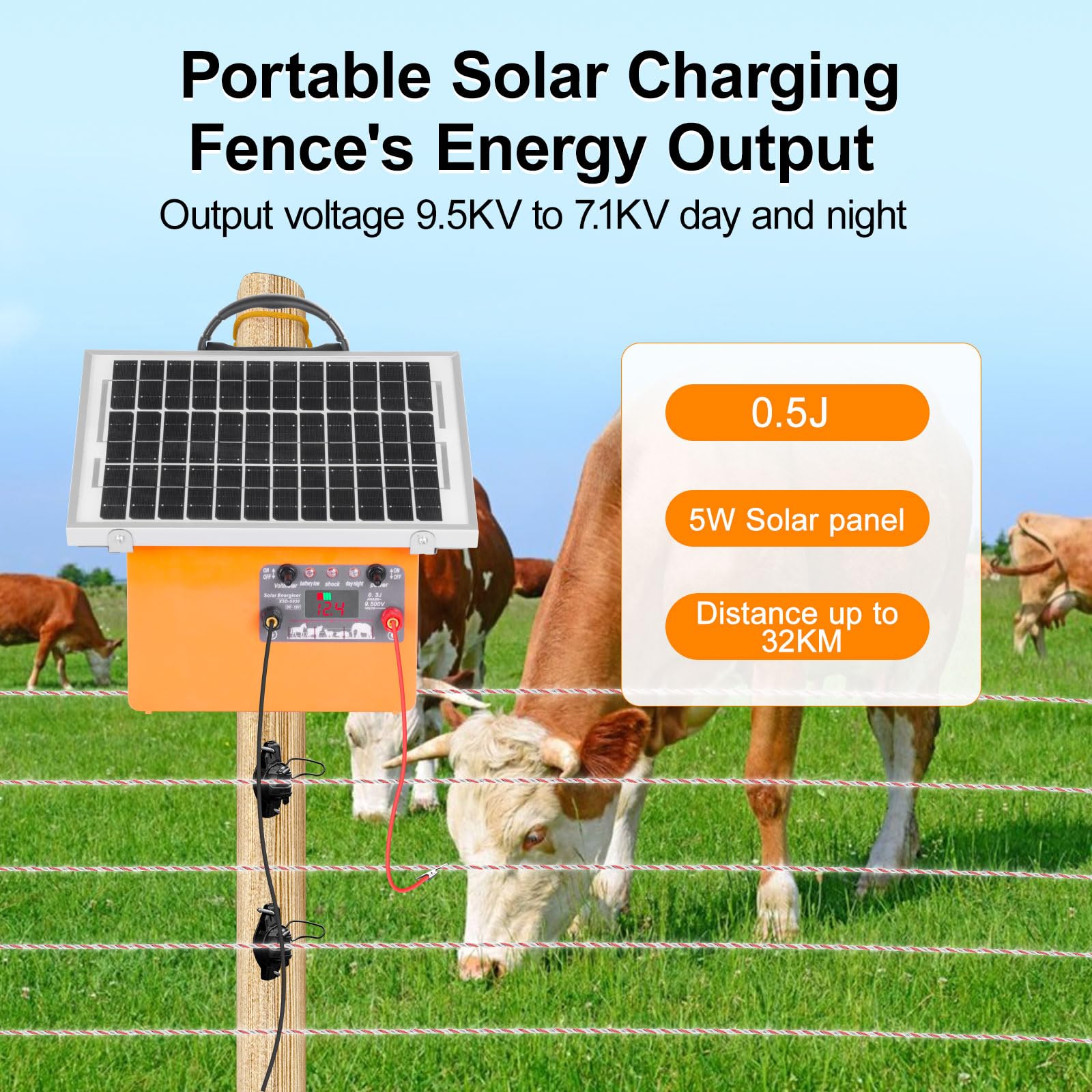 Solar Pastor Electrico, 32KM cerca eléctrica Controlador de 0.5J / 9.5KV | con batería de Panel Solar de 7.5W, para prevención de vida silvestre, granjas, aves de corral, jardines