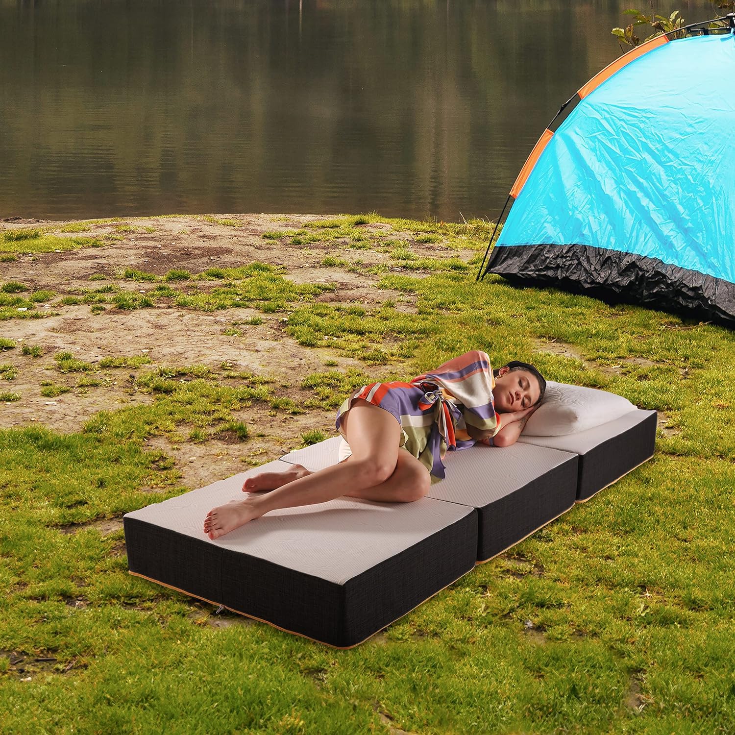 FORTISLINE - Vouwmatras 195 x 120 x 8 cm - 3-delig vouwmatras - H2 gastenmatras - camping opvouwbaar - campingbed - wasbaar overtrek - volwassenen inklapbaar - reismatras - schuimmatras