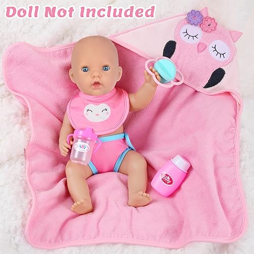 Miniatura 2 de Ecore Fun Juego de accesorios para muñecas de bebé de 12 a 18 pulgadas, juego de cambio y hora de baño con manta de búho, botella, juguete, babero,