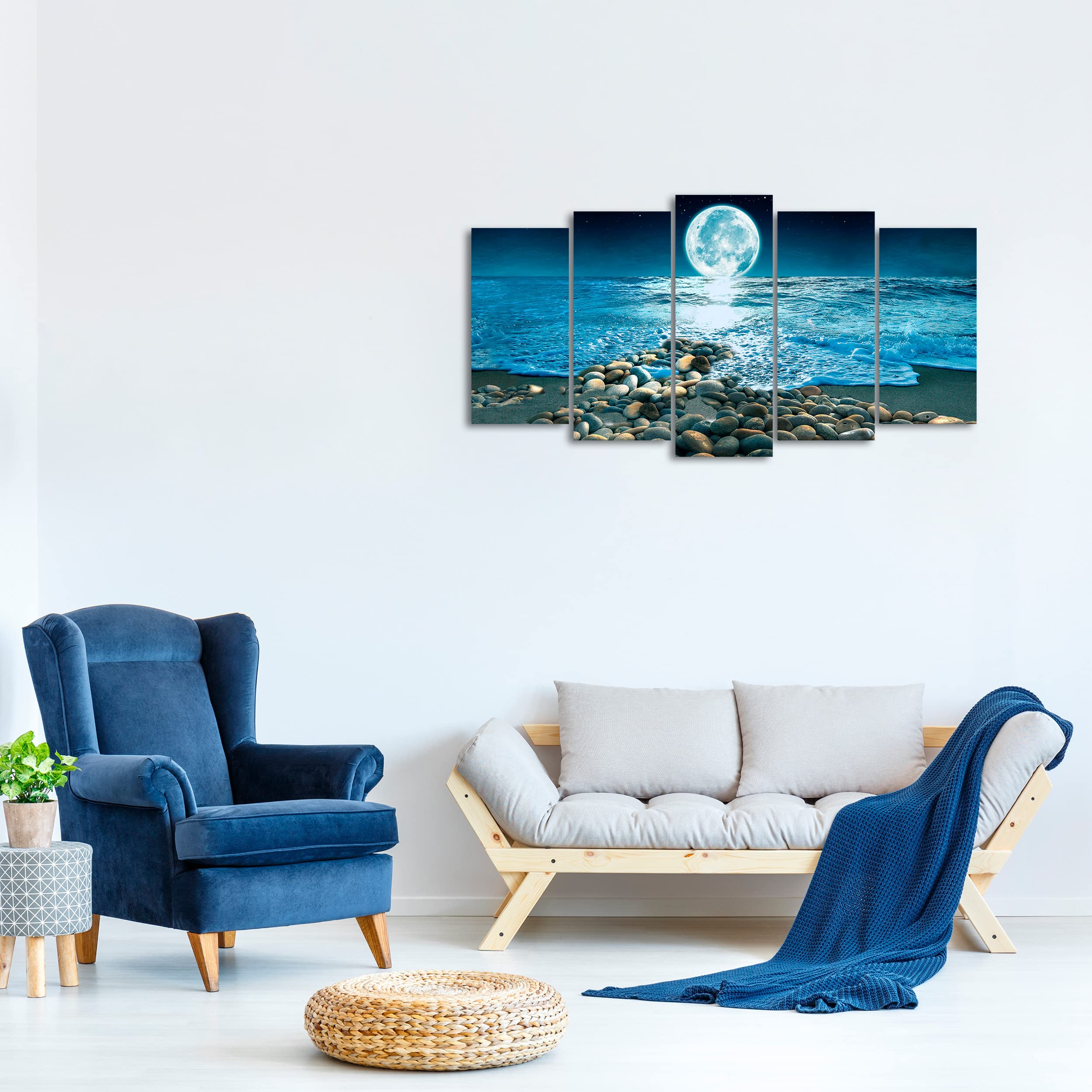 DekoArte - Cuadros Modernos Impresión Imagen Artística | 5 Piezas 150x80cm | Lienzo Decorativo Para Salón o Dormitorio | Estilo Paisaje Nocturno con la Luna iluminando