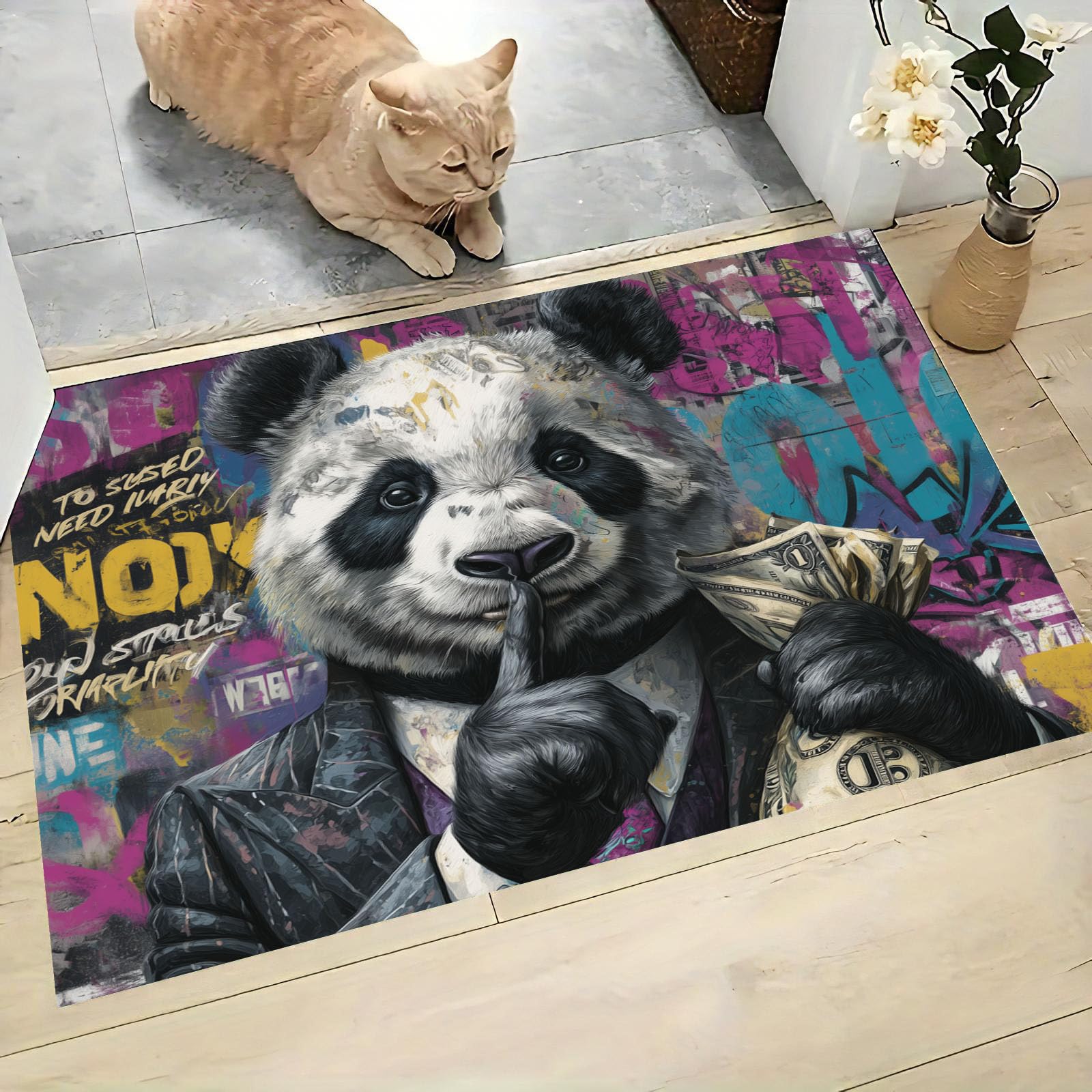 Paillasson panda graffiti antidérapant et tapis de bienvenue gris 60x90 cm pour entrée