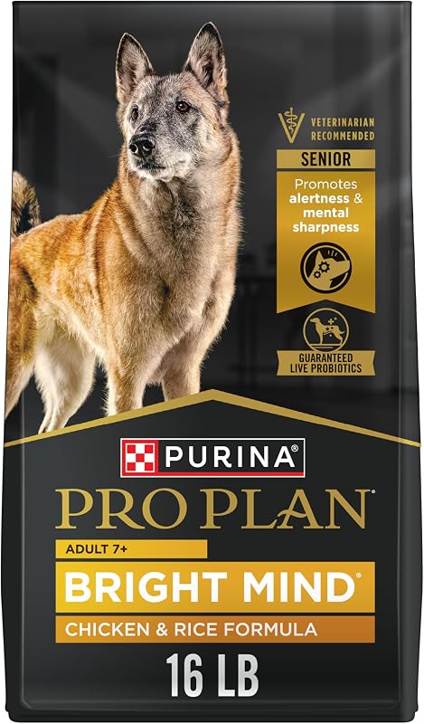 Purina Pro Plan Bright Mind Senior Dog Food, Chicken & Rice, 16 lb Bag | Comida para perros 7+ adultos con probióticos, aceites botánicos mejorados que promueven el estado de alerta, omega-3 y glucosamina para la movilidad articular