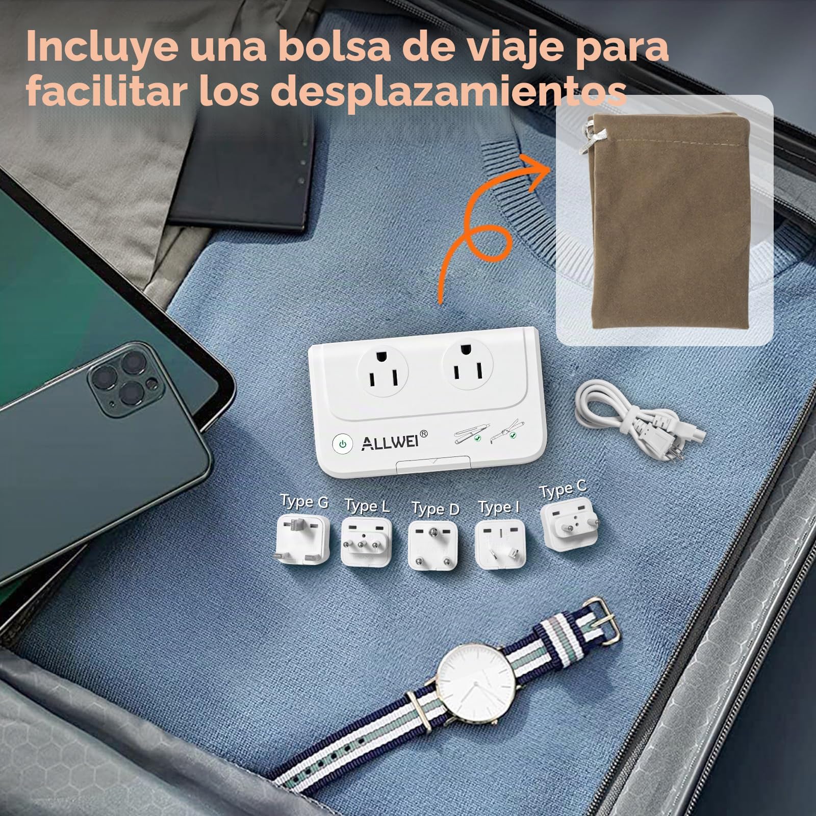 ALLWEI Adaptador de viaje internacional de 220 V a 110 V convertidor de voltaje de alimentación | Para alisador de cabello/rizador, adaptador de enchufe universal para Reino Unido, EE. UU., AU, UE, IT, India (blanco)