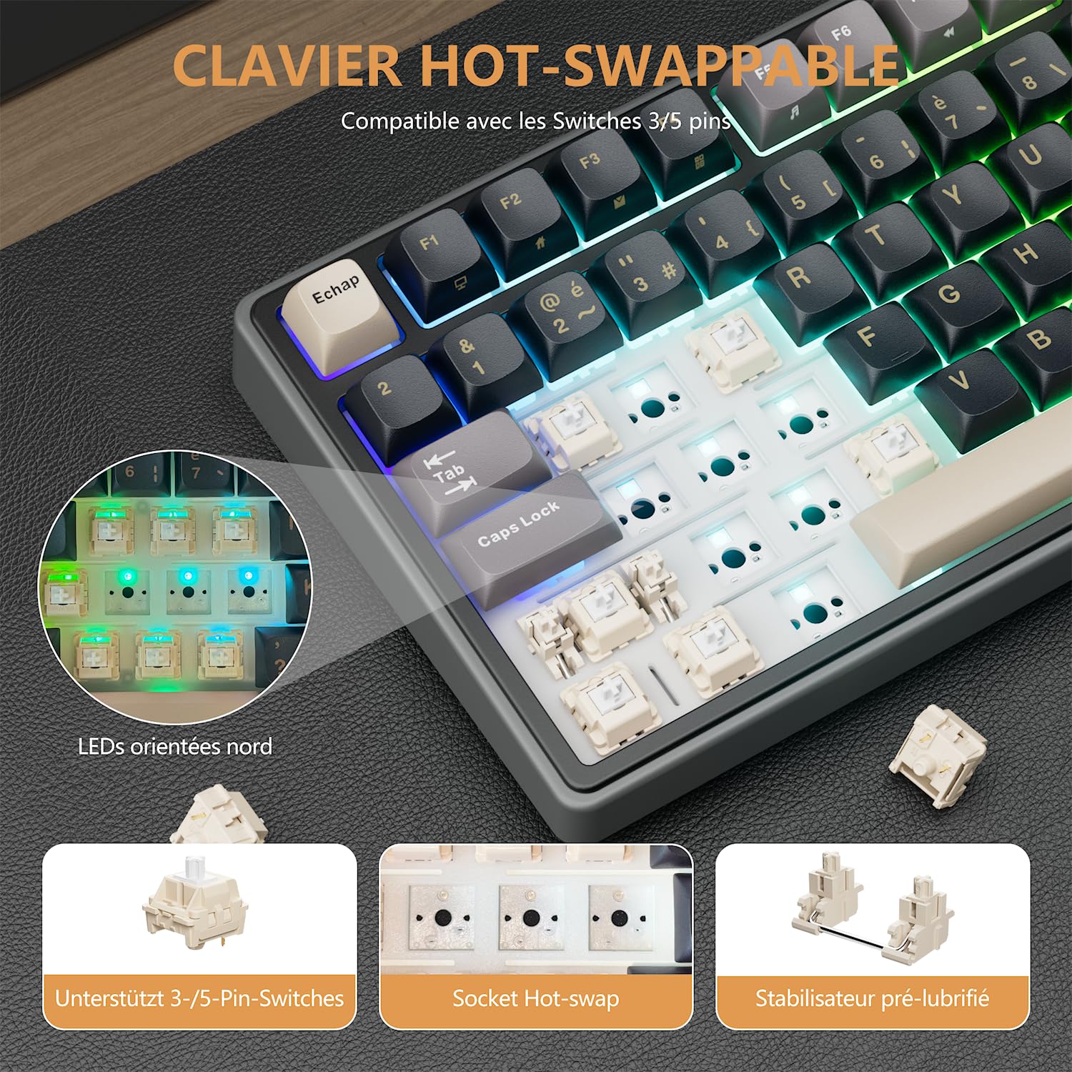 RK ROYAL KLUDGE R75 Teclado Mecánico, Teclado Gamer Cableado 75% AZERTY con Gasket Mount, Rueda de volumen, Interruptor Creamy Lineal Hot-Swap, Teclas PBT, Retroiluminación RGB para Windows/Mac/PC