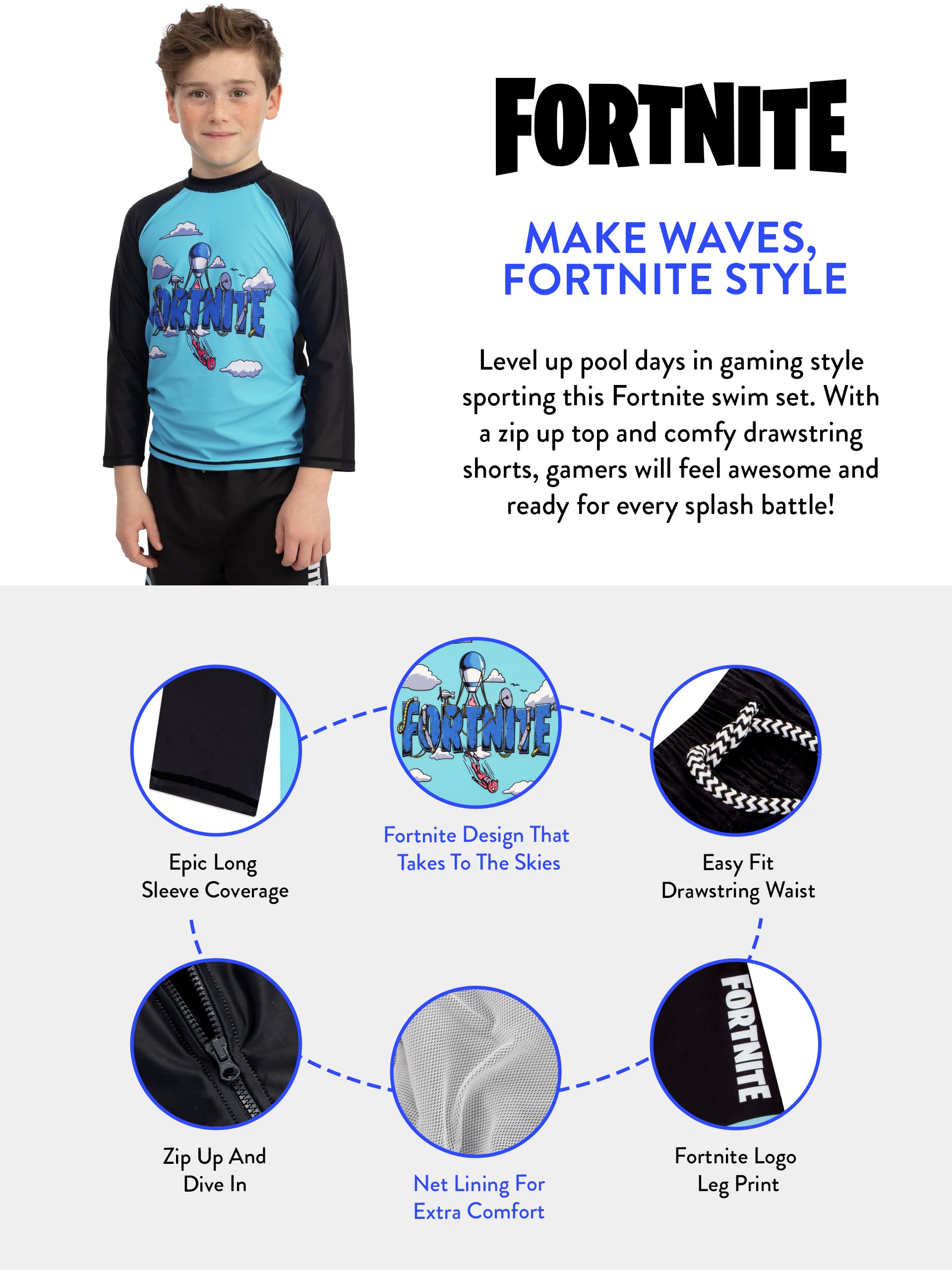 Fortnite Maillots de Bain garçons, Combinaison Natation Deux pièces, Maillot de Bain Enfant Garcon Manches Longues