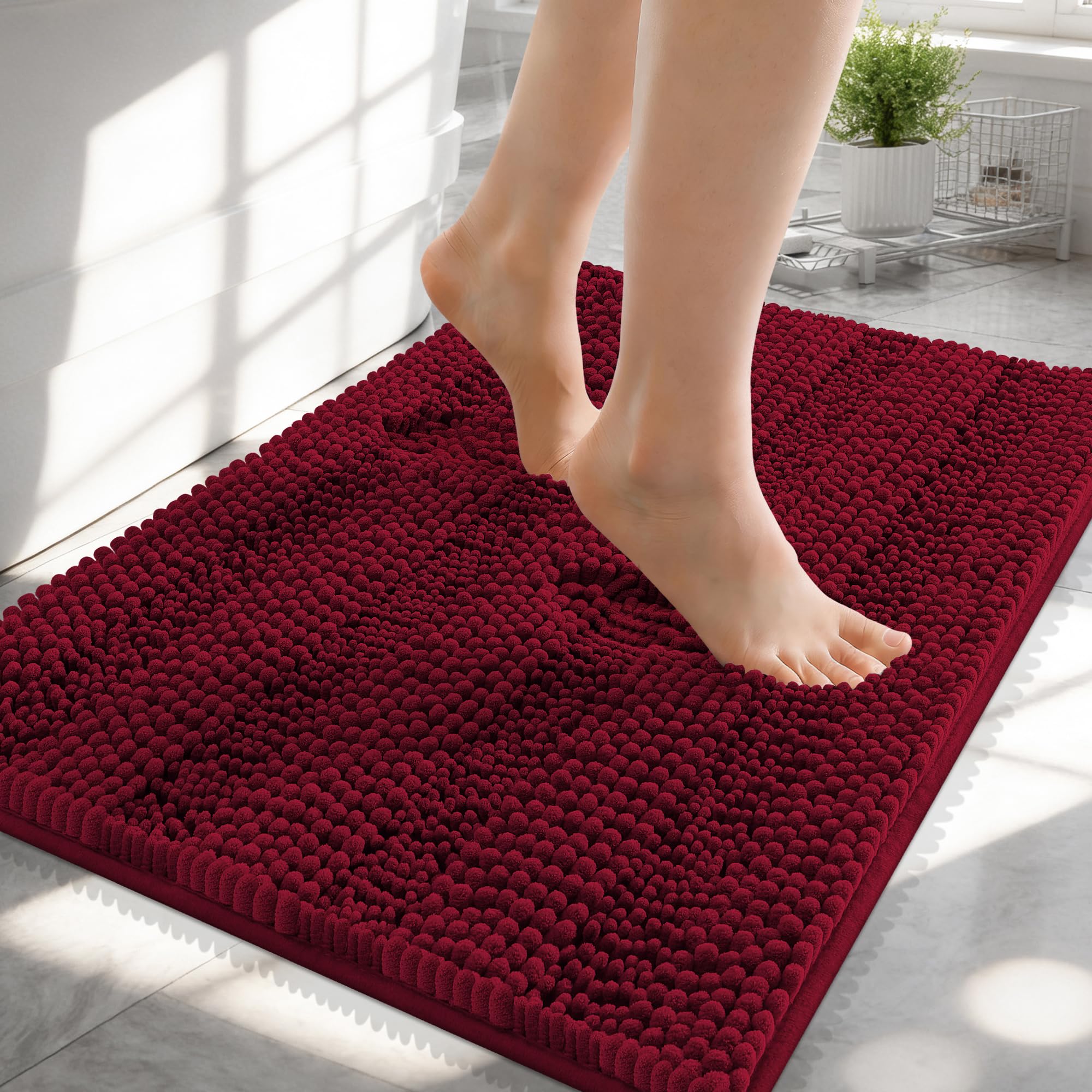 OLANLY Thick Small Bathroom Rugs 24x16, Soft Chenille Bath Rugs, Burgundy