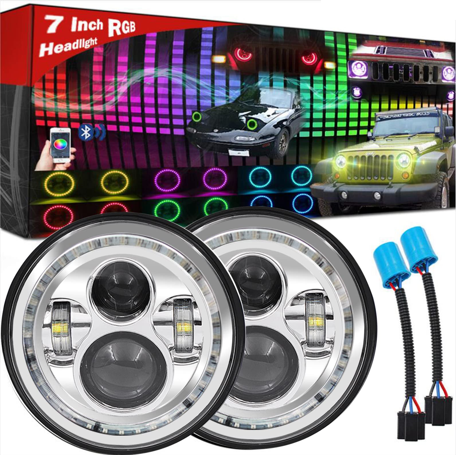 7 inch LED Headlights RGB Halo Ring Angel Eyes 7” Round Multicolor DRL Bluetooth Remote Control for Wrangler JK LJ CJ Sahara Sport Rubicon 1997~2017 Fit Hummer H2 Mazda Miata Ford F100