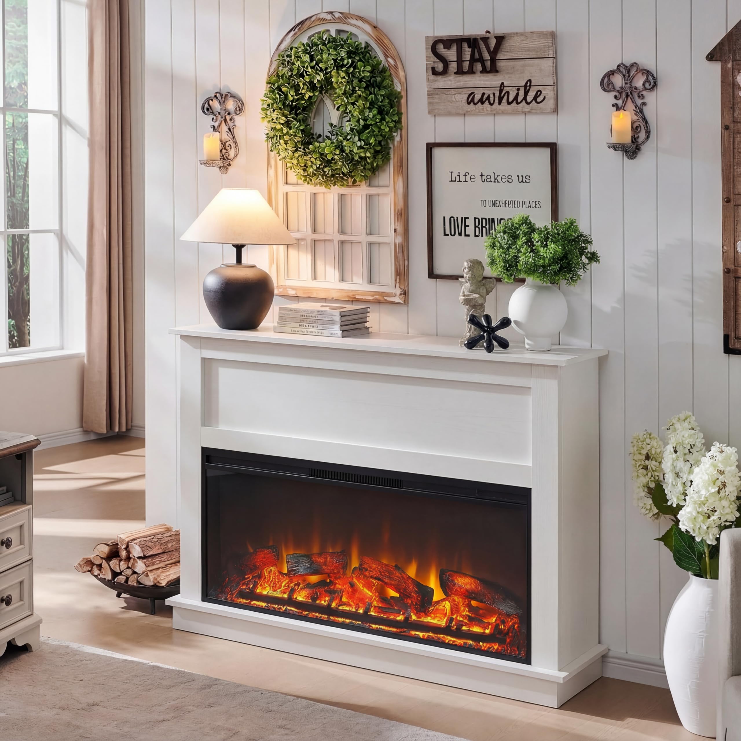 51" Farmhouse Electric Fireplace TV Stand with Mantel, 42" Insert Electric Fireplace Heater with Remote Control, Adjustable 3D Flame Effect, White
