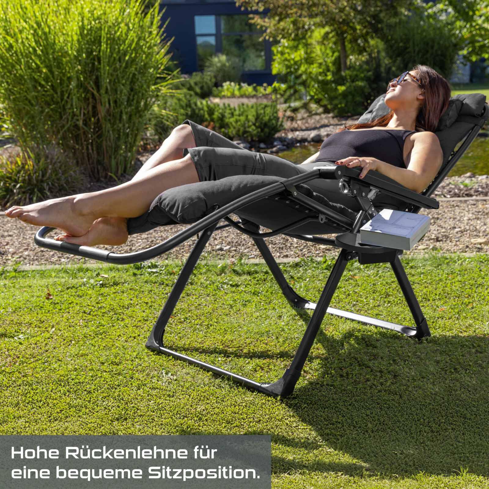 Practixx Liegestuhl klappbar mit Polsterauflage & Kissen | Extra breit 72cm | Getränke & Handyhalterung | Bequeme Auflage | Gartenstuhl Liegesessel Gartenliege schwarz robust stabil & wetterbeständig