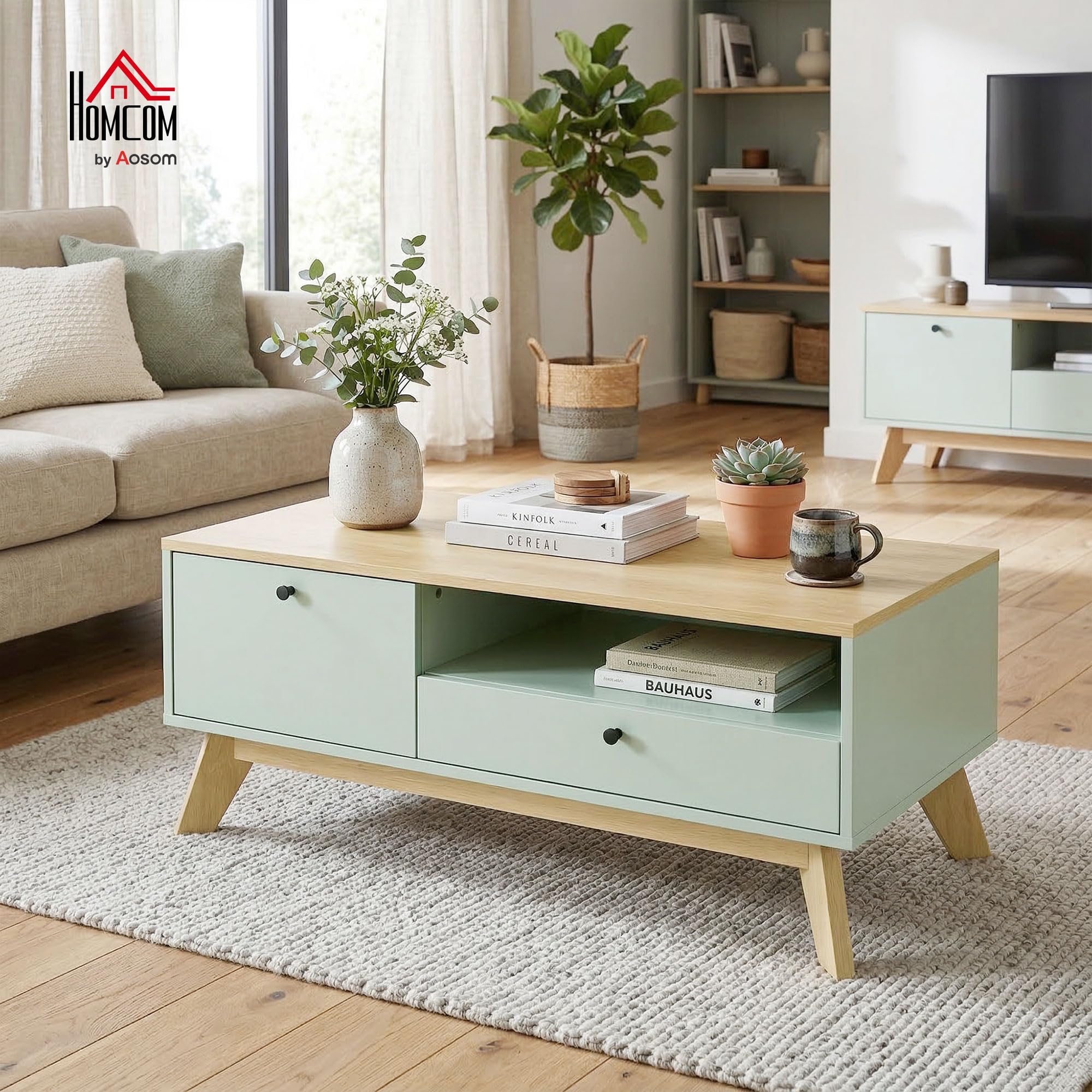 HOMCOM Table Basse de Salon Tiroir 100 x 50 x 40 cm Vert Clair et Chêne