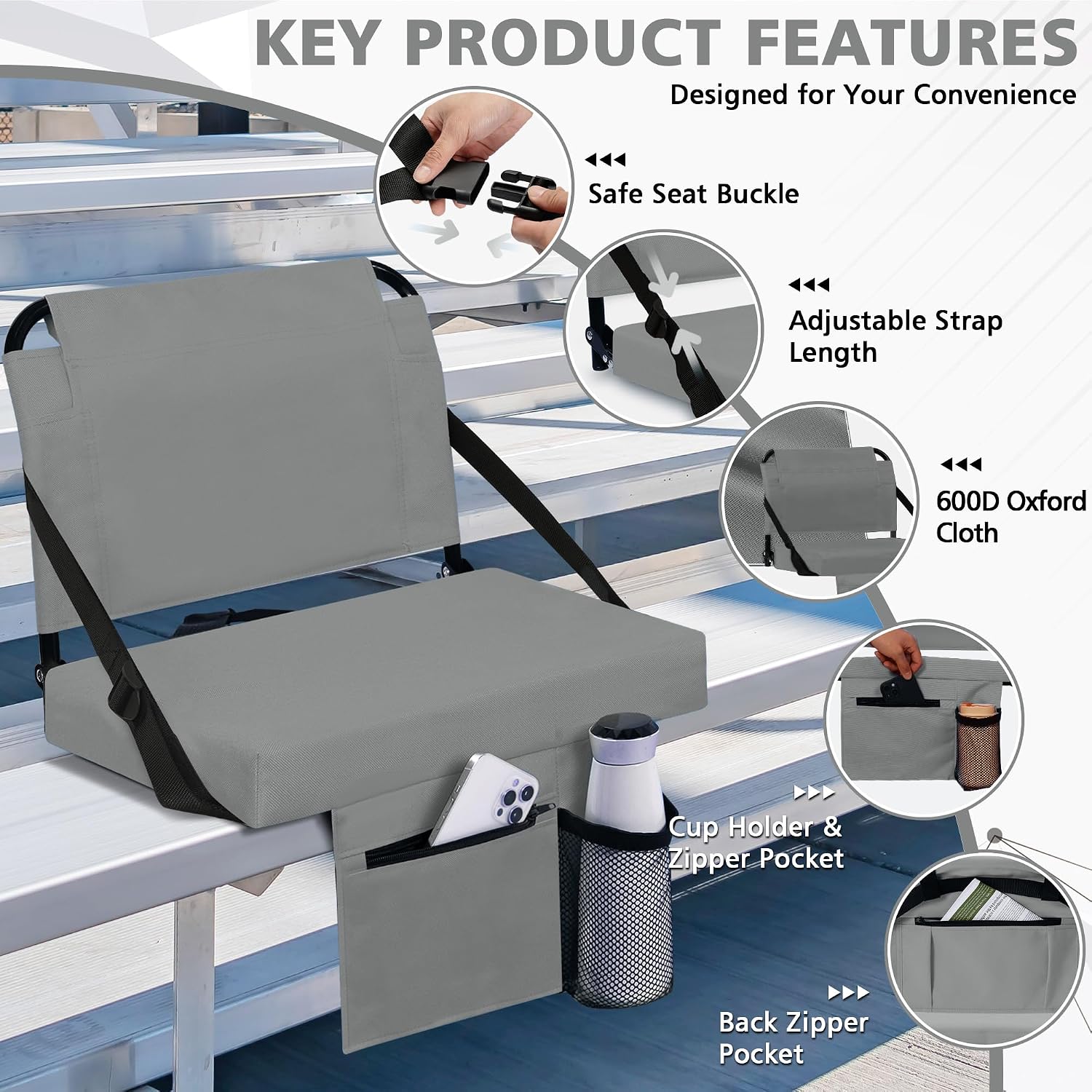 Stadium Seats for Bleachers 2 Pack w/Back Support Bleacher Seat Soft Cushion Light Weight Includes Shoulder Strap & Cup Holder, Front & Back Zipper Pocket, Suitable for Sports Events,Grey thumbnail